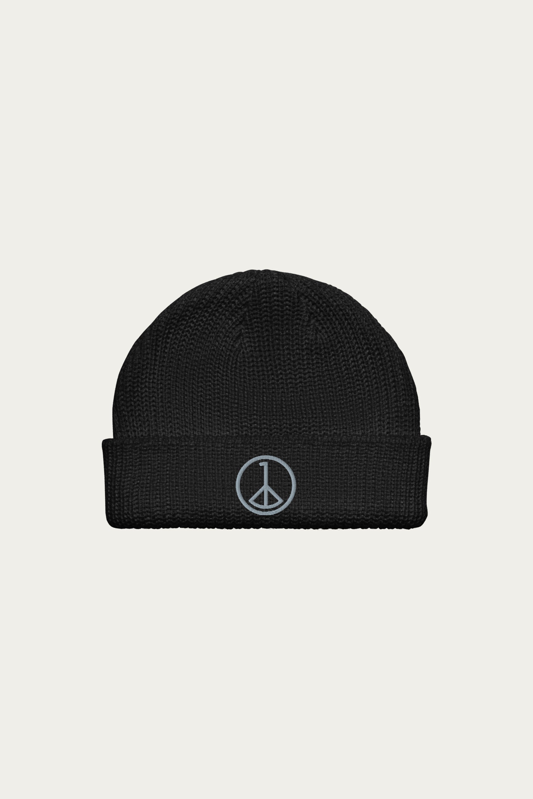 Andre Blunt fisherman beanie in black with embroidered wheel of peace