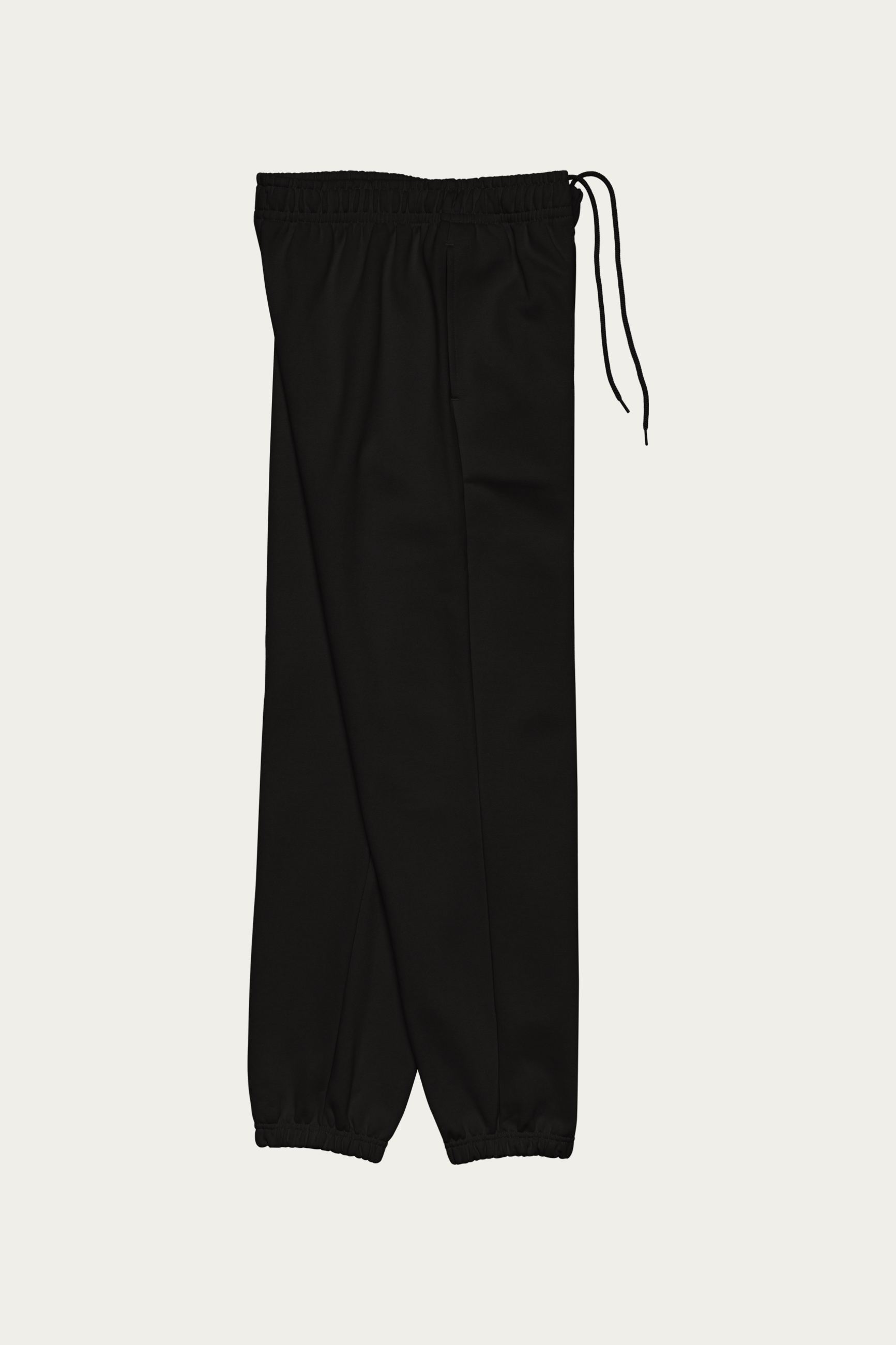 Fleece Sweatpants, Black by Andre Blunt, from the right, on a Cloud White ground