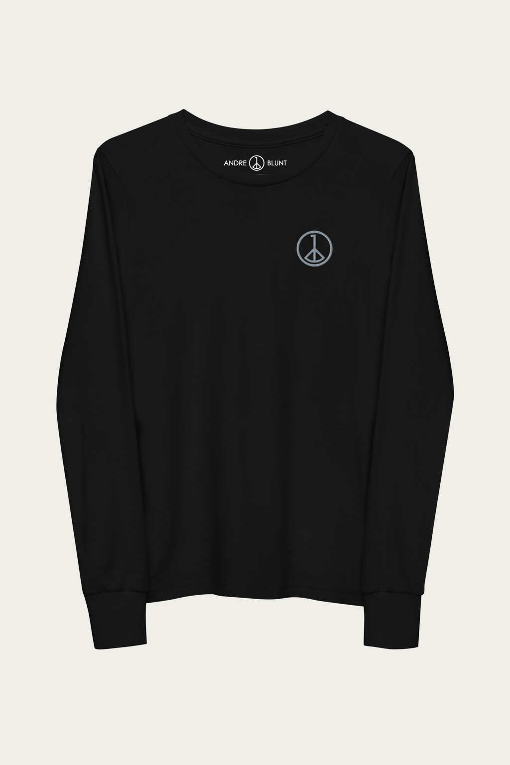 Kids Long-Sleeve, Black by Andre Blunt, front, on a Cloud White ground