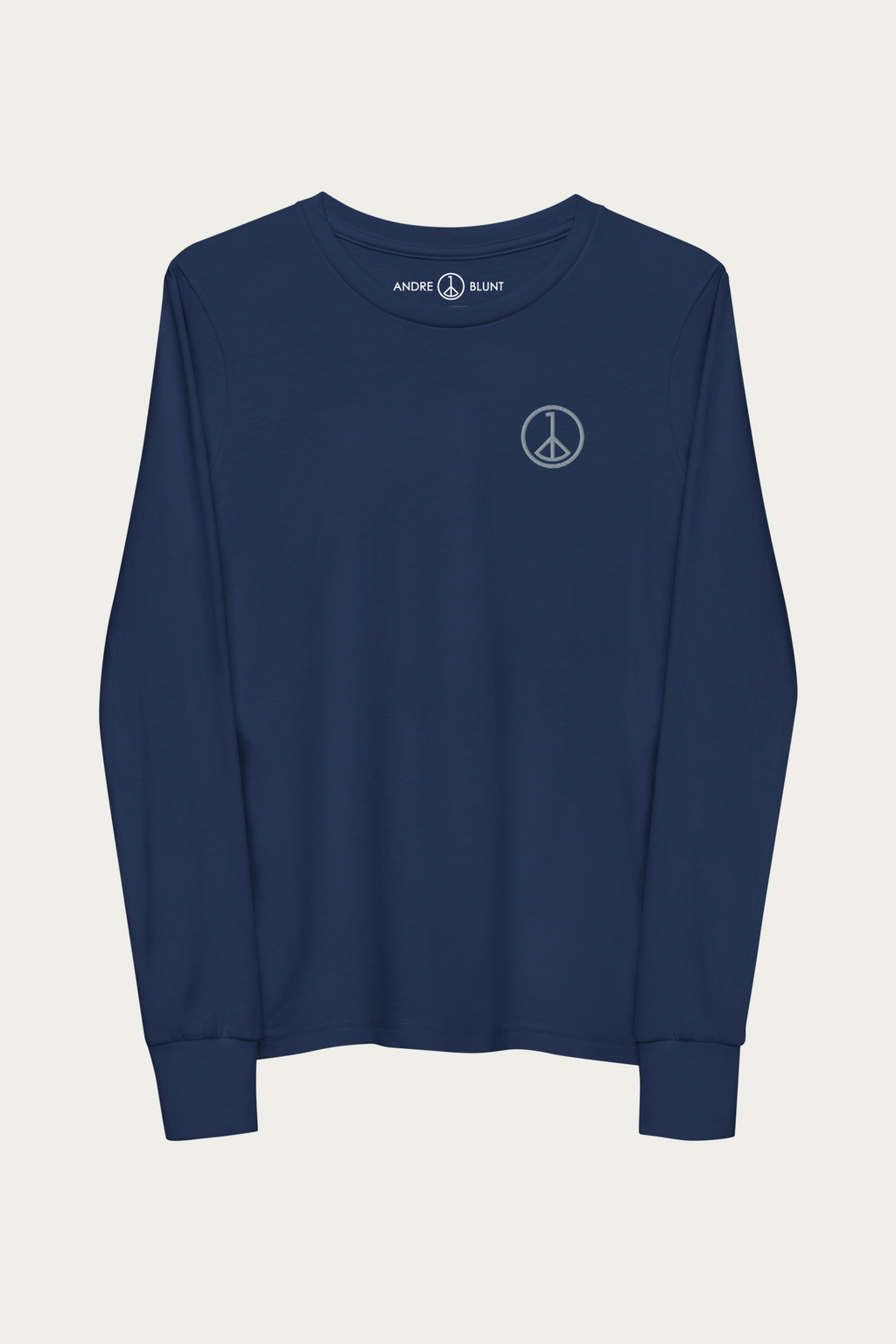 Kids Long-Sleeve, Navy by Andre Blunt, front, on a Cloud White ground