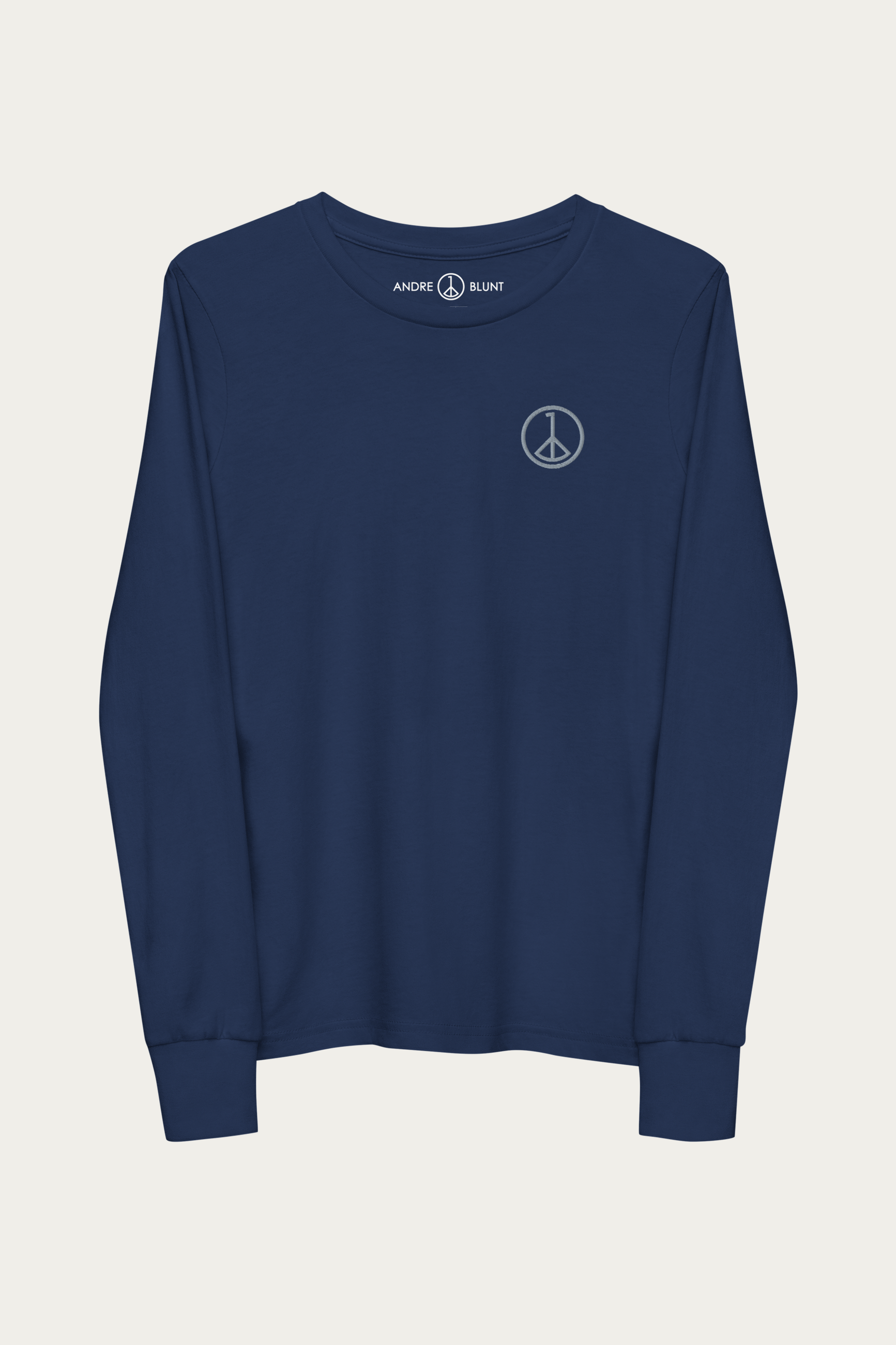 Kids Long-Sleeve, Navy by Andre Blunt, front, on a Cloud White ground