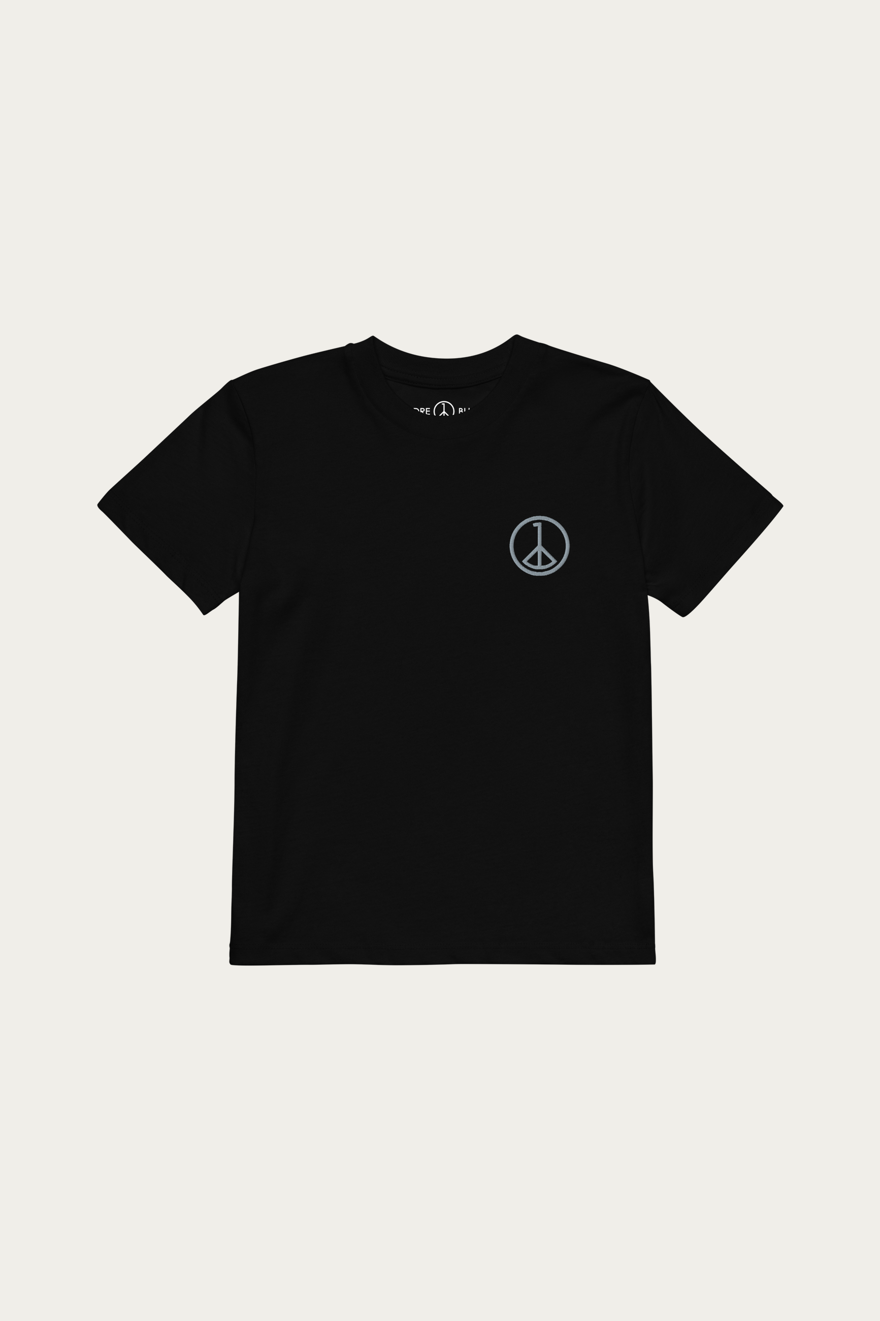 Kids Tee in Black by Andre Blunt, shown on a Cloud White ground