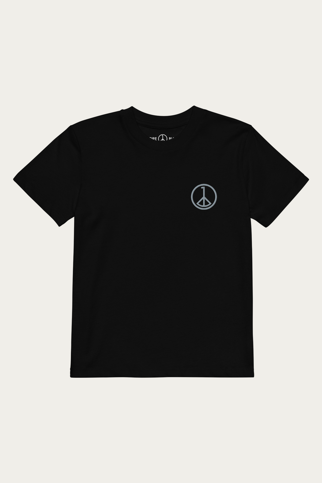 Kids Tee in Black by Andre Blunt, shown on a Cloud White ground