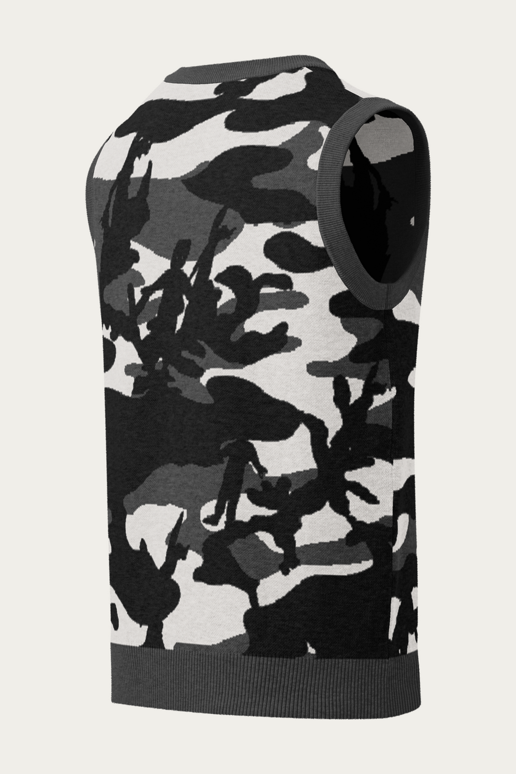 Knitted V-Neck Vest, Charcoal Camo, back