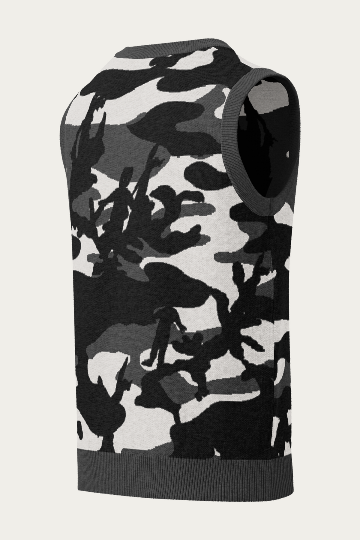 Knitted V-Neck Vest, Charcoal Camo, back