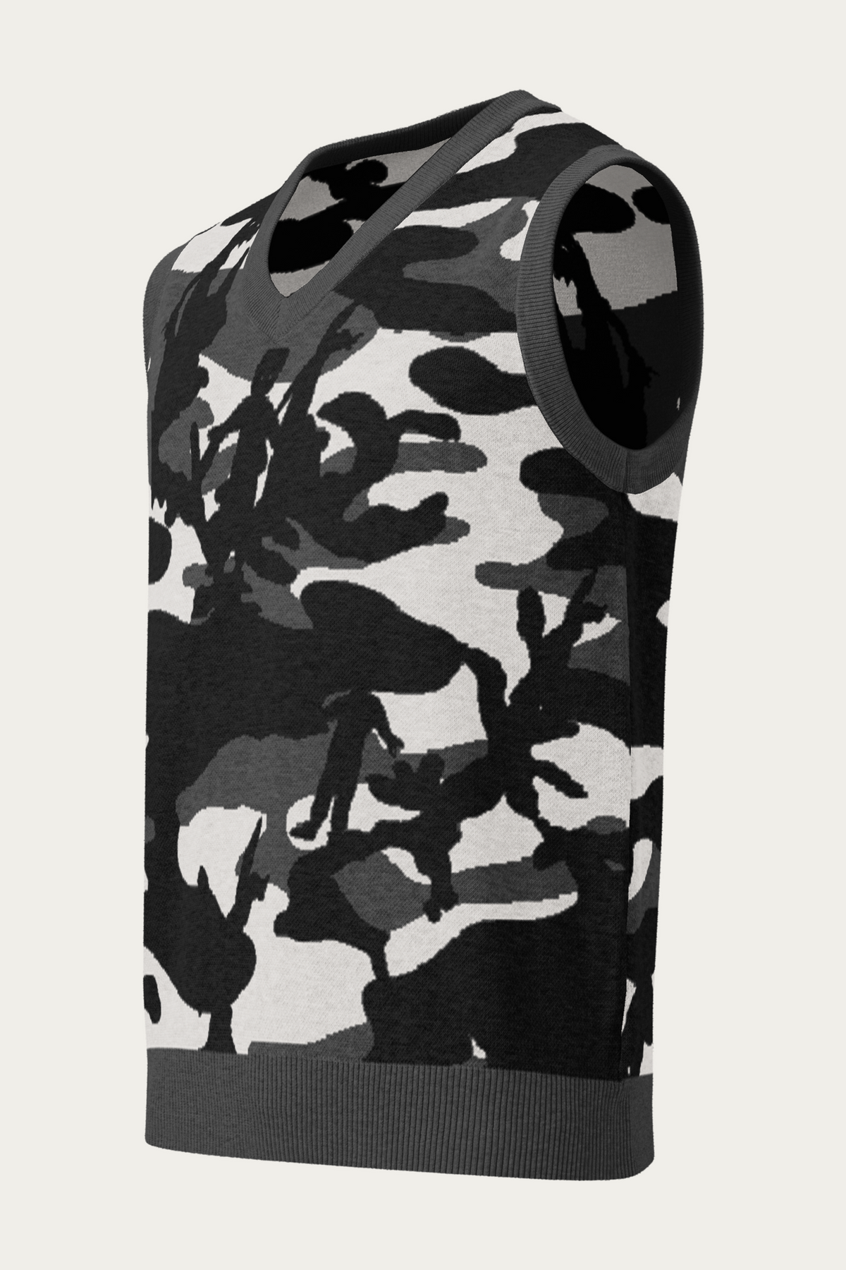 Knitted V-Neck Vest, Charcoal Camo, front
