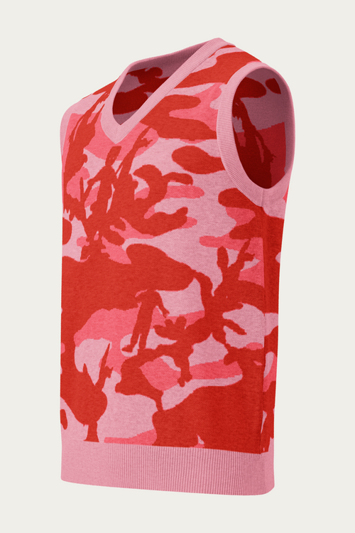Knitted V-Neck Vest, Pink Camo, front