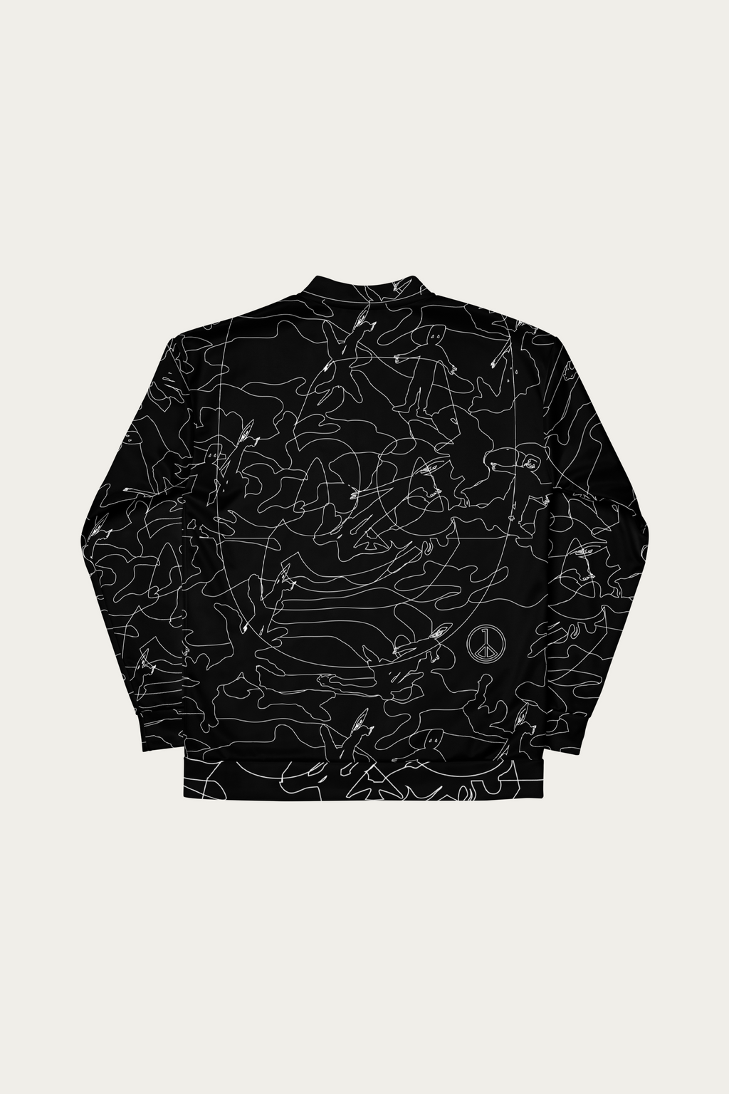 Line Art Bomber Jacket, Black by Andre Blunt, from the back, on a Cloud White ground