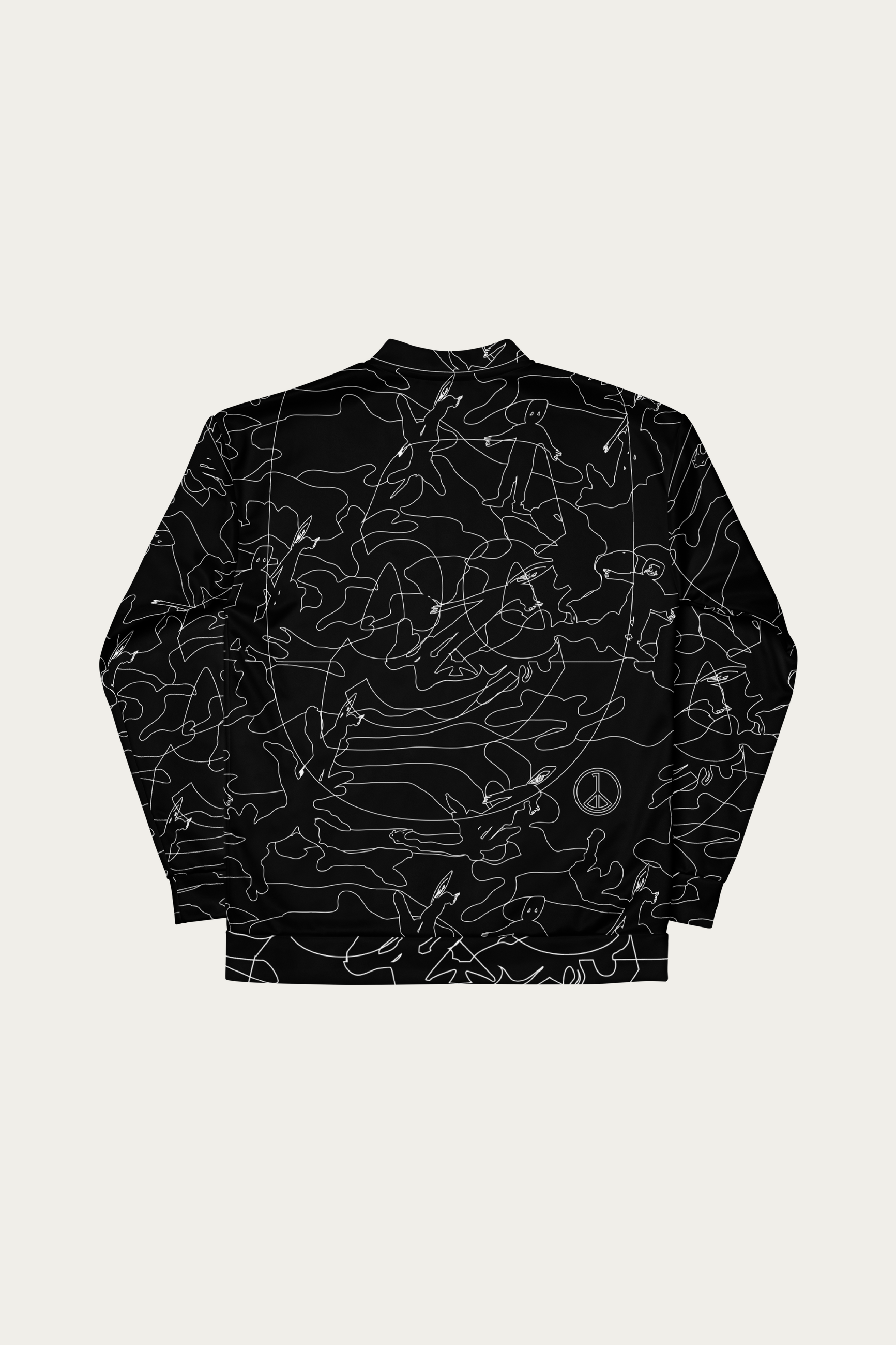 Line Art Bomber Jacket, Black by Andre Blunt, from the back, on a Cloud White ground