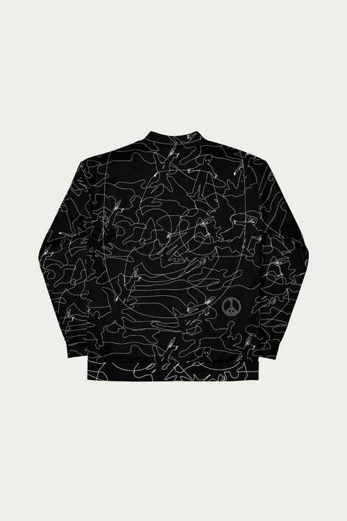 Line Art Bomber Jacket, Black by Andre Blunt, from the back, on a Cloud White ground