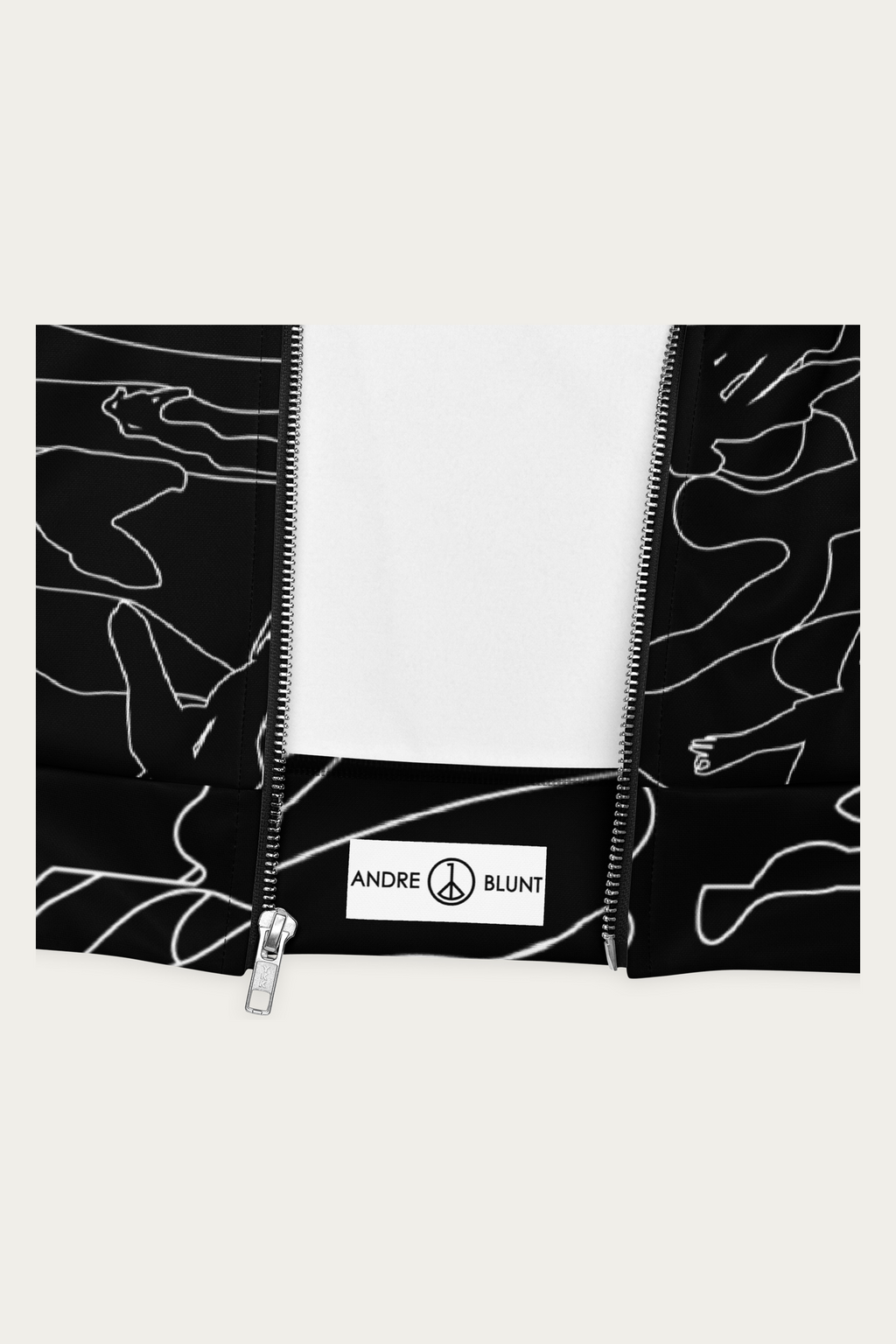 Line Art Bomber Jacket, Black by Andre Blunt, detail, on a Cloud White ground