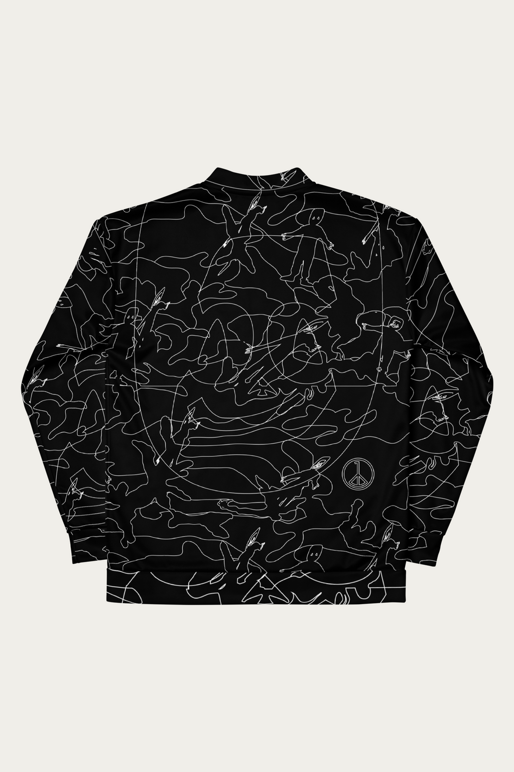 Line Art Bomber Jacket, Black by Andre Blunt, from the back, on a Cloud White ground