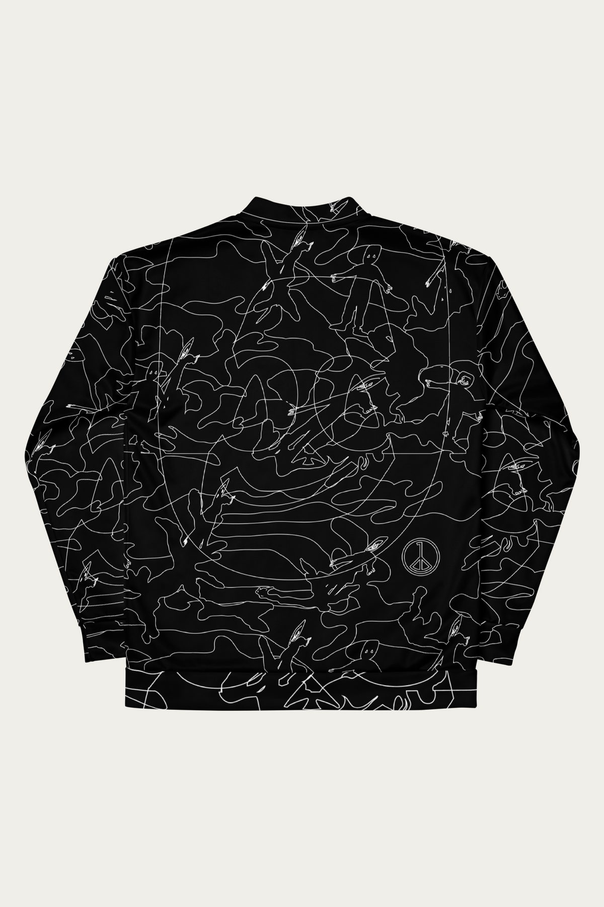 Line Art Bomber Jacket, Black by Andre Blunt, from the back, on a Cloud White ground