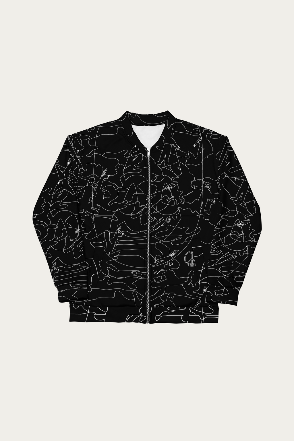 Line Art Bomber Jacket, Black by Andre Blunt, shown on a Cloud White ground