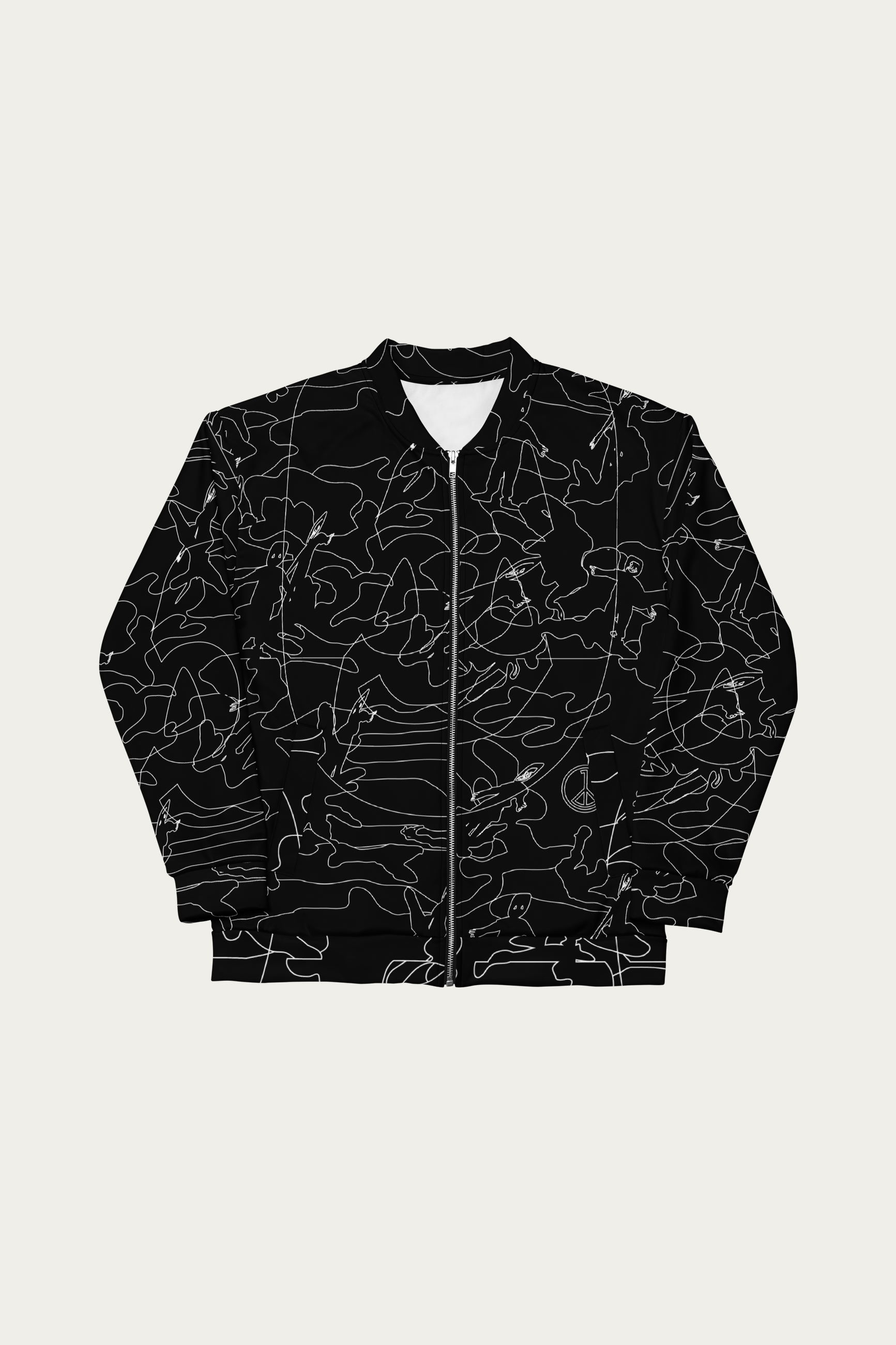 Line Art Bomber Jacket, Black by Andre Blunt, shown on a Cloud White ground