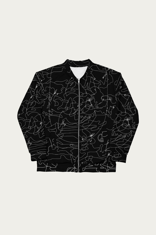Line Art Bomber Jacket, Black by Andre Blunt, shown on a Cloud White ground