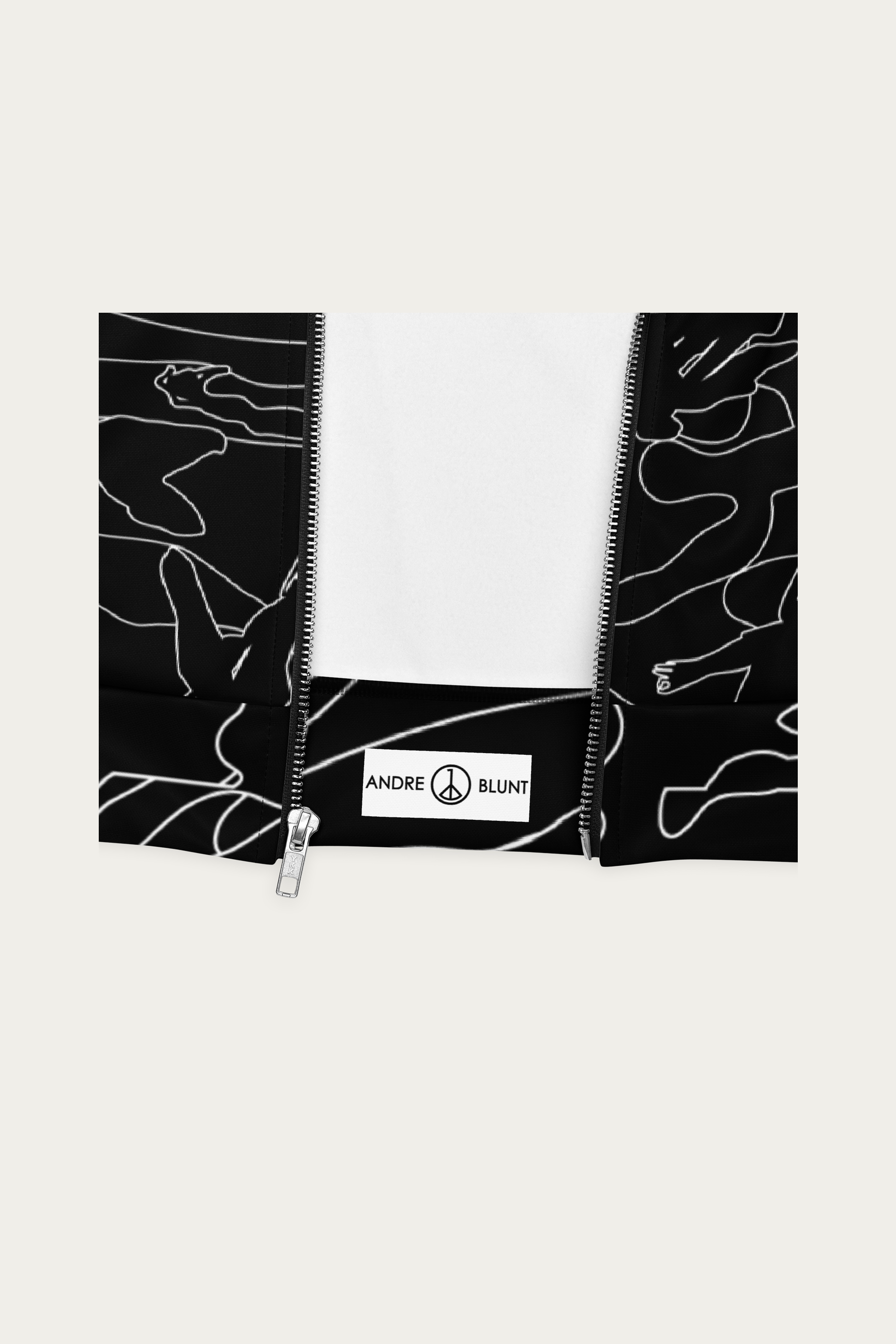 Line Art Bomber Jacket, Black by Andre Blunt, detail, on a Cloud White ground