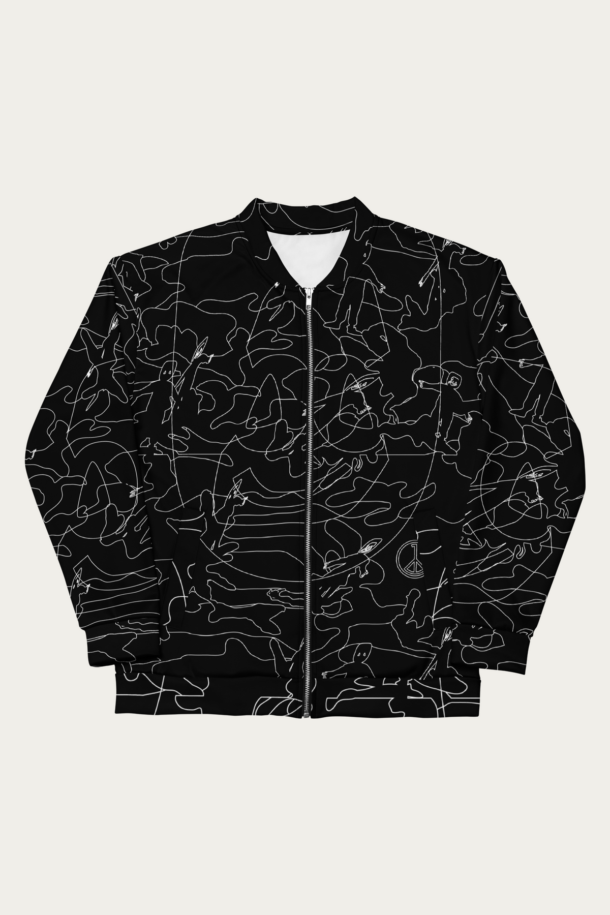 Line Art Bomber Jacket, Black by Andre Blunt, shown on a Cloud White ground