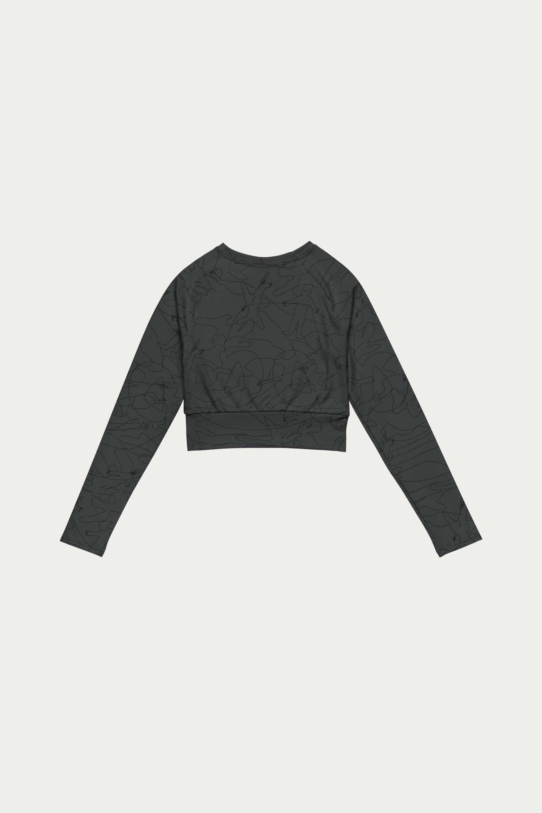 Line Art Cropped Long-Sleeve, Black by Andre Blunt, from the back, on a Cloud White ground