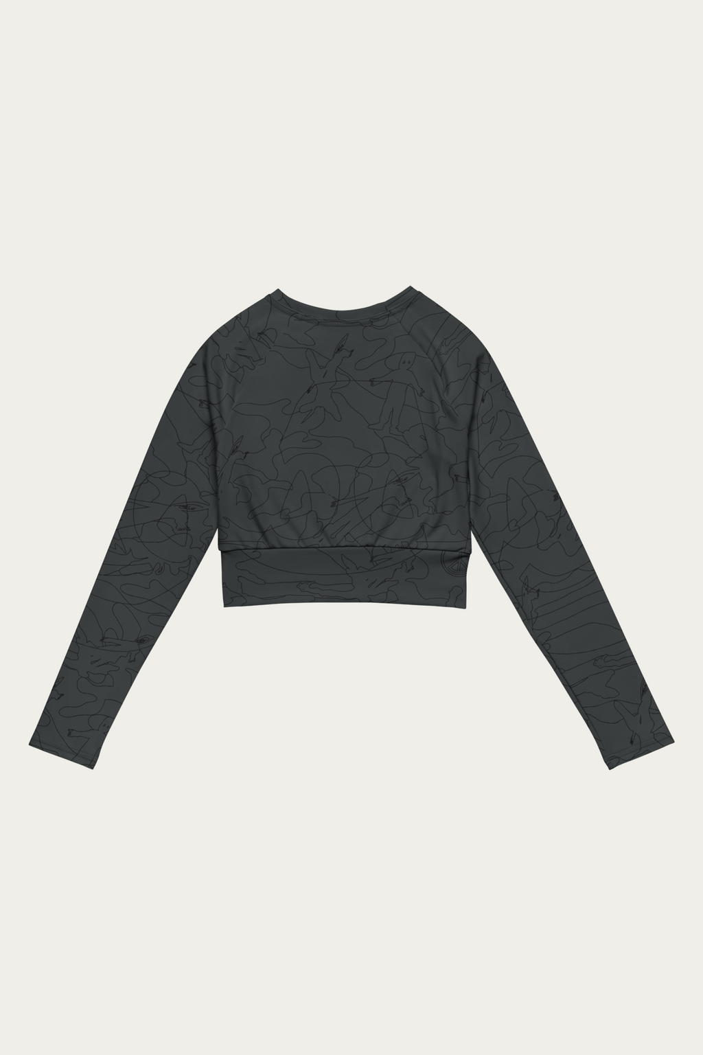 Line Art Cropped Long-Sleeve, Black by Andre Blunt, from the back, on a Cloud White ground