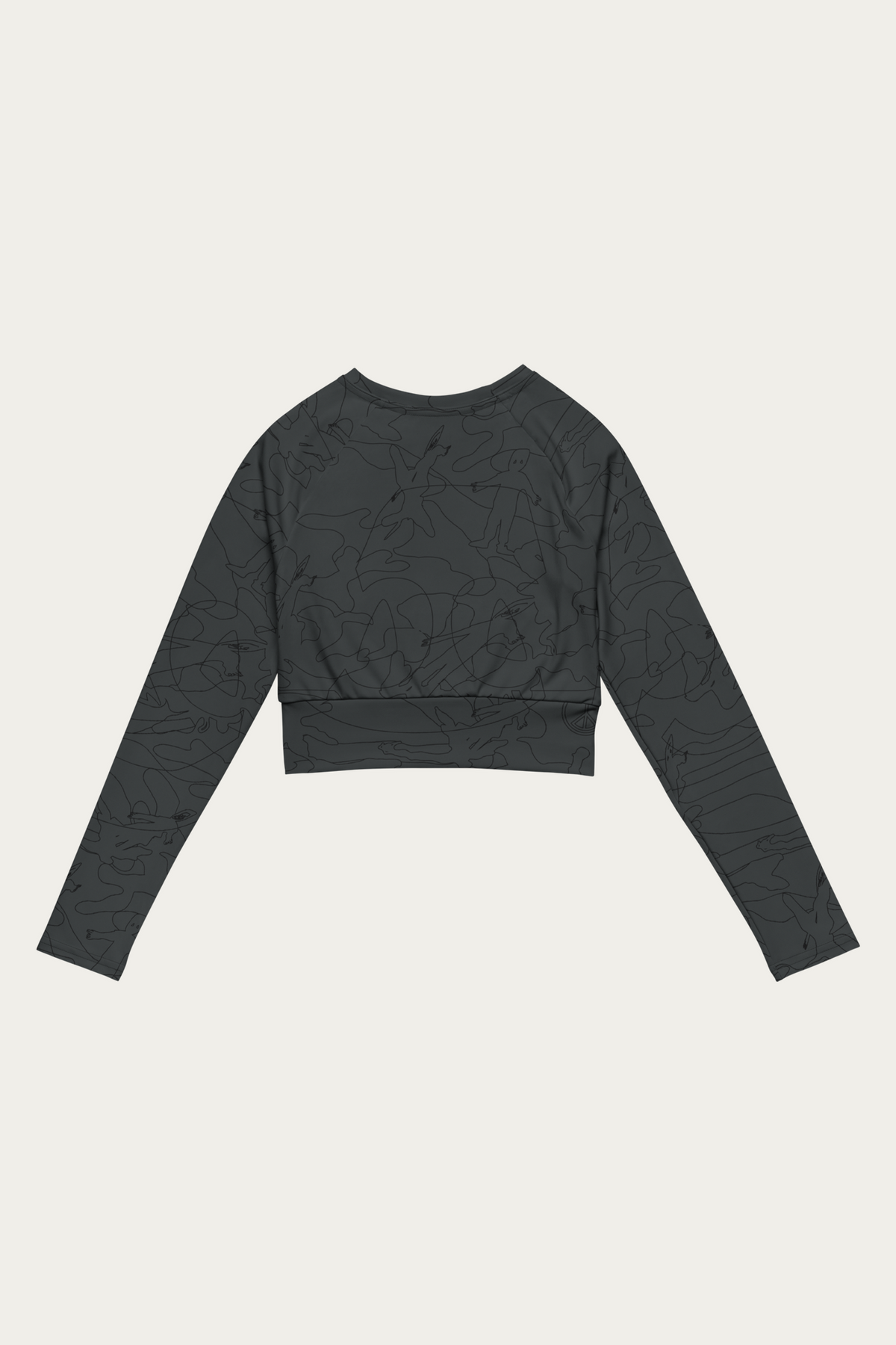 Line Art Cropped Long-Sleeve, Black by Andre Blunt, from the back, on a Cloud White ground