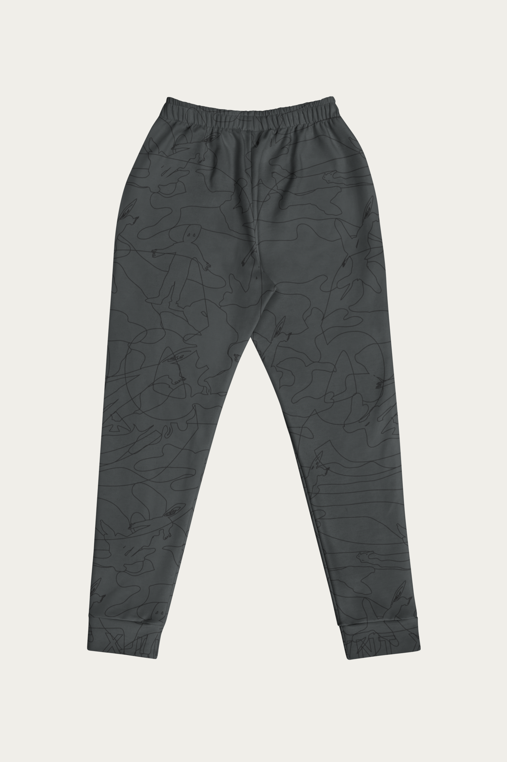 Line Art Joggers, Charcoal by Andre Blunt, from the back, on a Cloud White ground