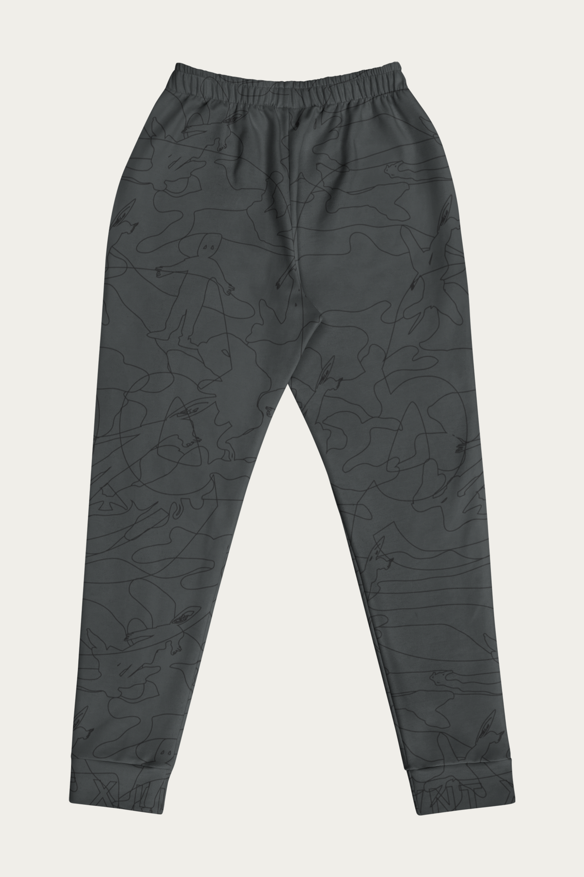 Line Art Joggers, Charcoal by Andre Blunt, from the back, on a Cloud White ground
