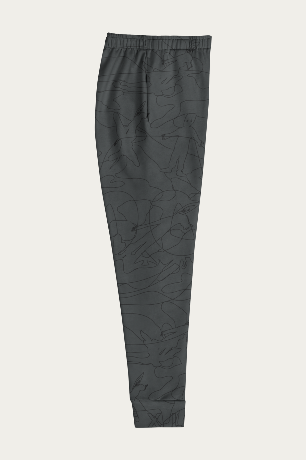 Line Art Joggers, Charcoal by Andre Blunt, from the right, on a Cloud White ground