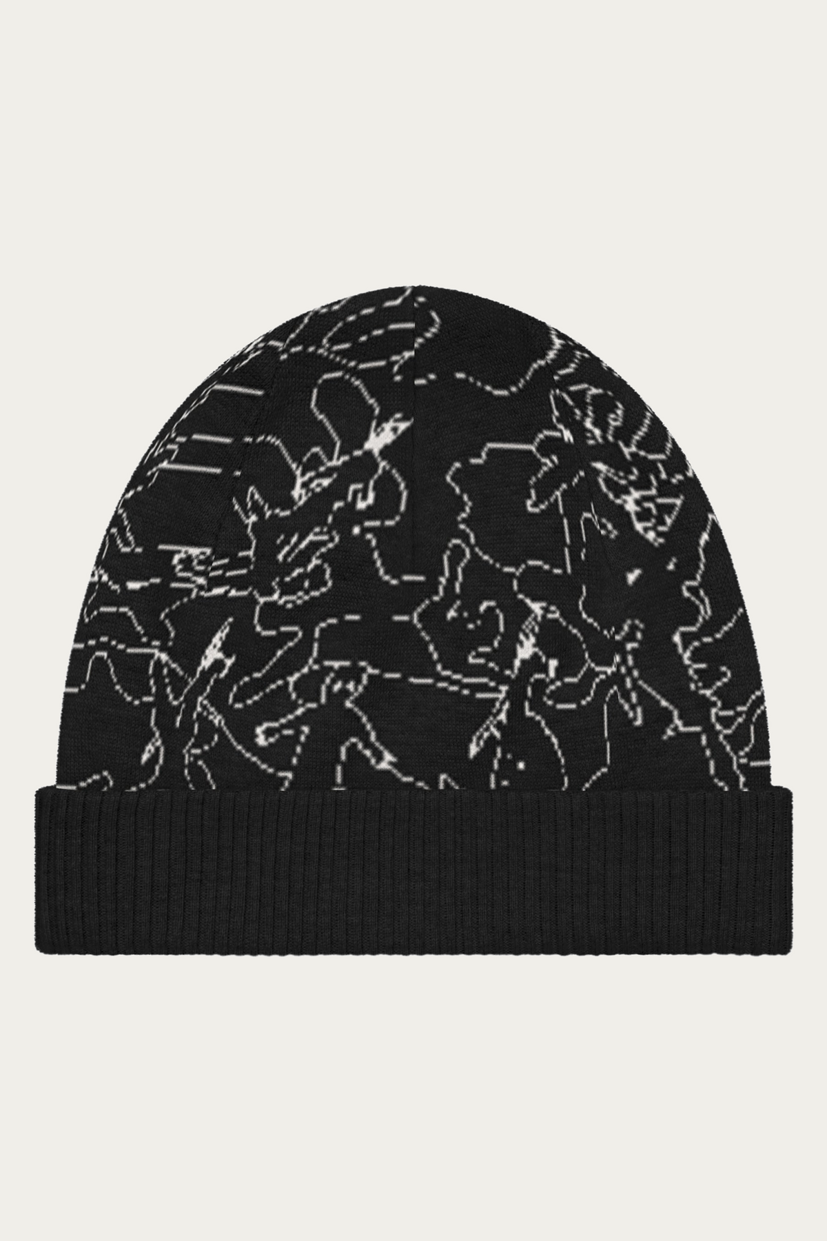 Line Art Knitted Beanie, Black and Bone, front