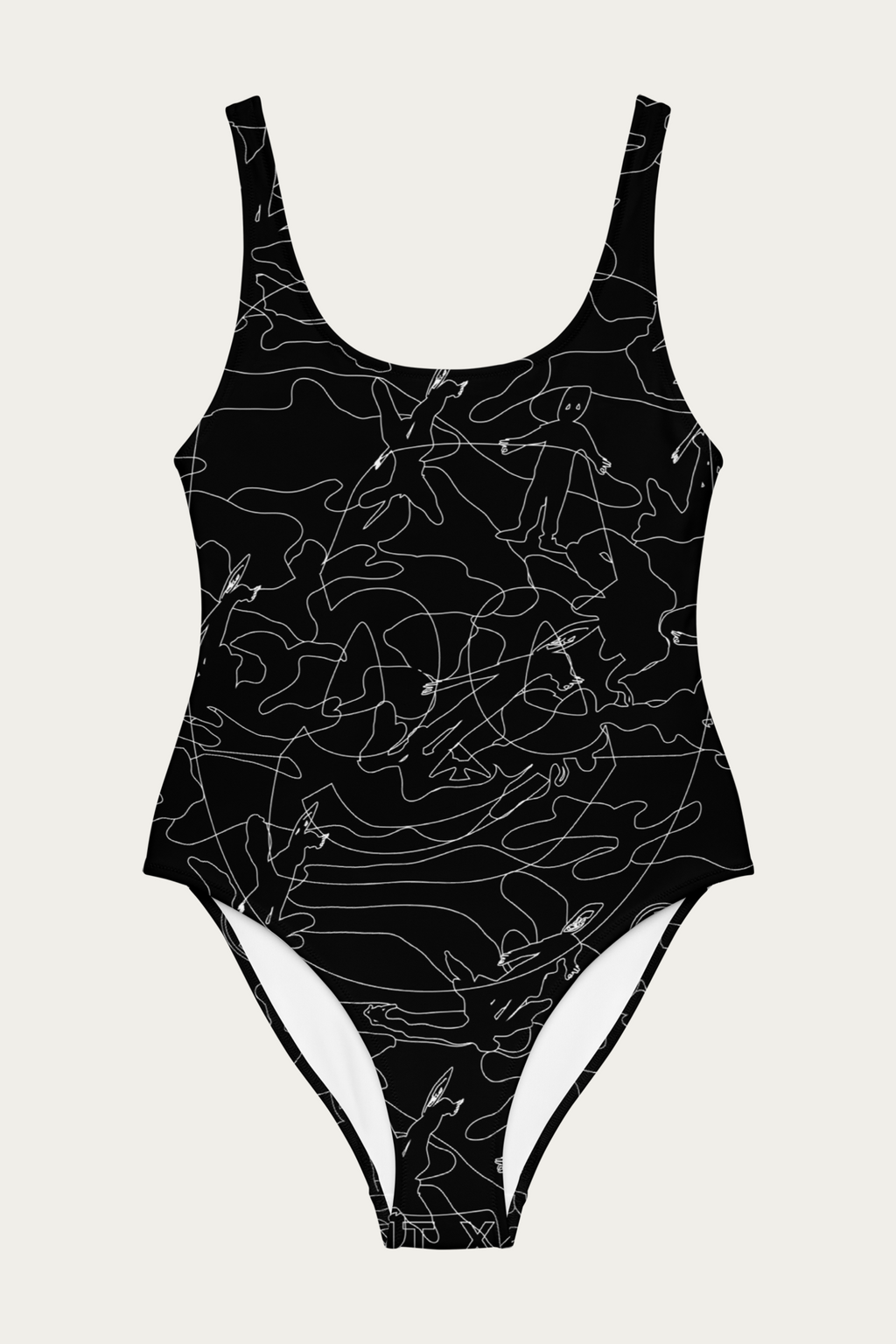 Andre Blunt Line Art swimsuit in black, white line art print, front