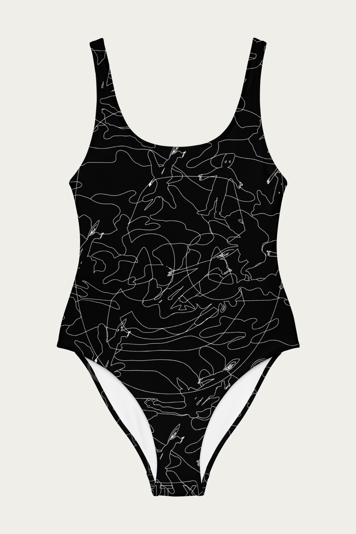 Andre Blunt Line Art swimsuit in black, white line art print, front