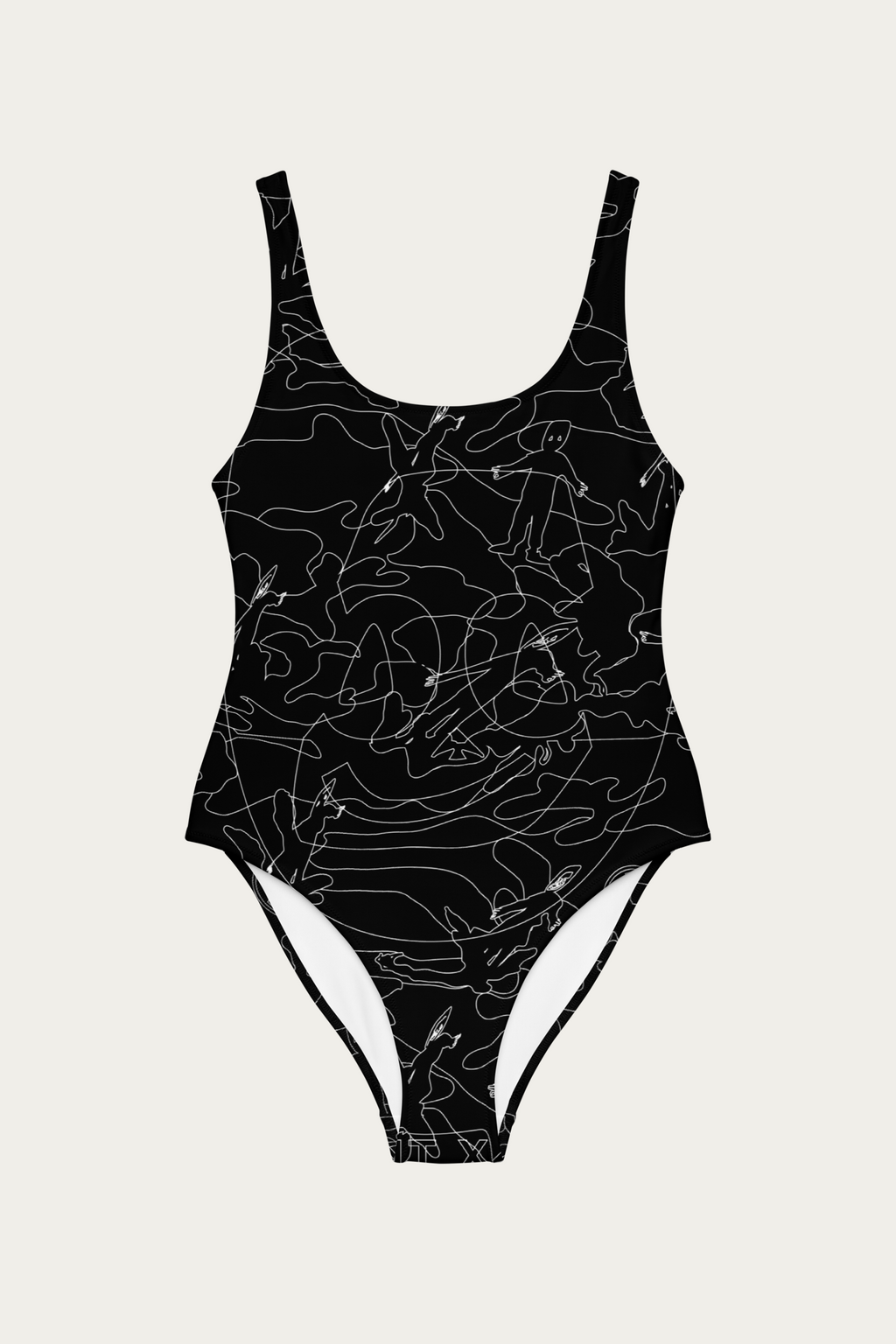 Andre Blunt Line Art swimsuit in black, white line art print, front
