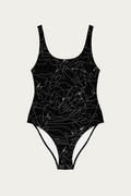 Andre Blunt Line Art swimsuit in black, white line art print, front