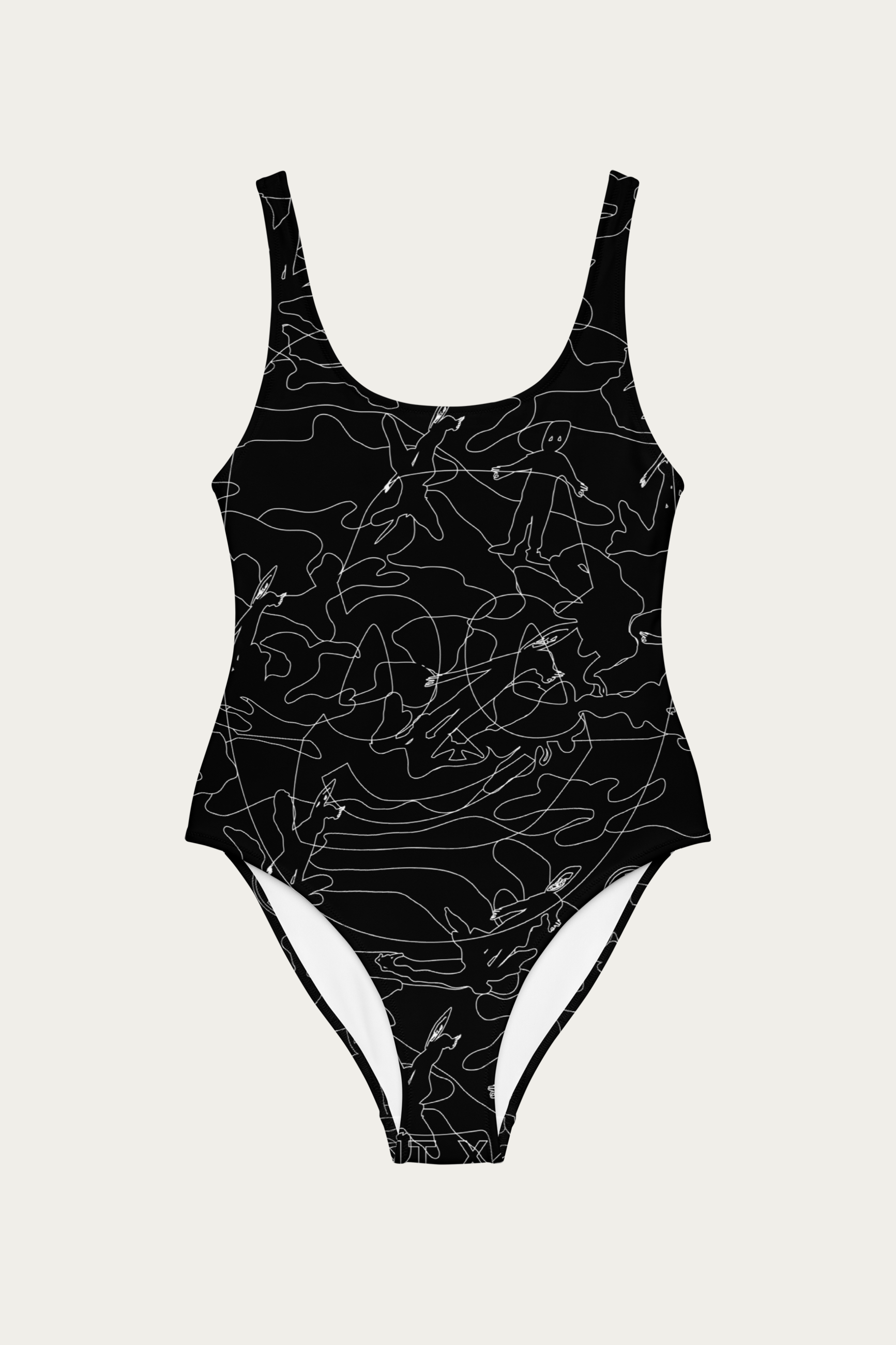 Andre Blunt Line Art swimsuit in black, white line art print, front