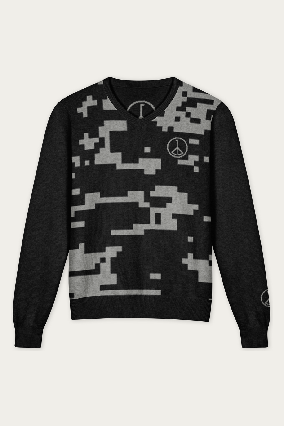 Office Knitted V-Neck Sweater, Black Digital Camo, front