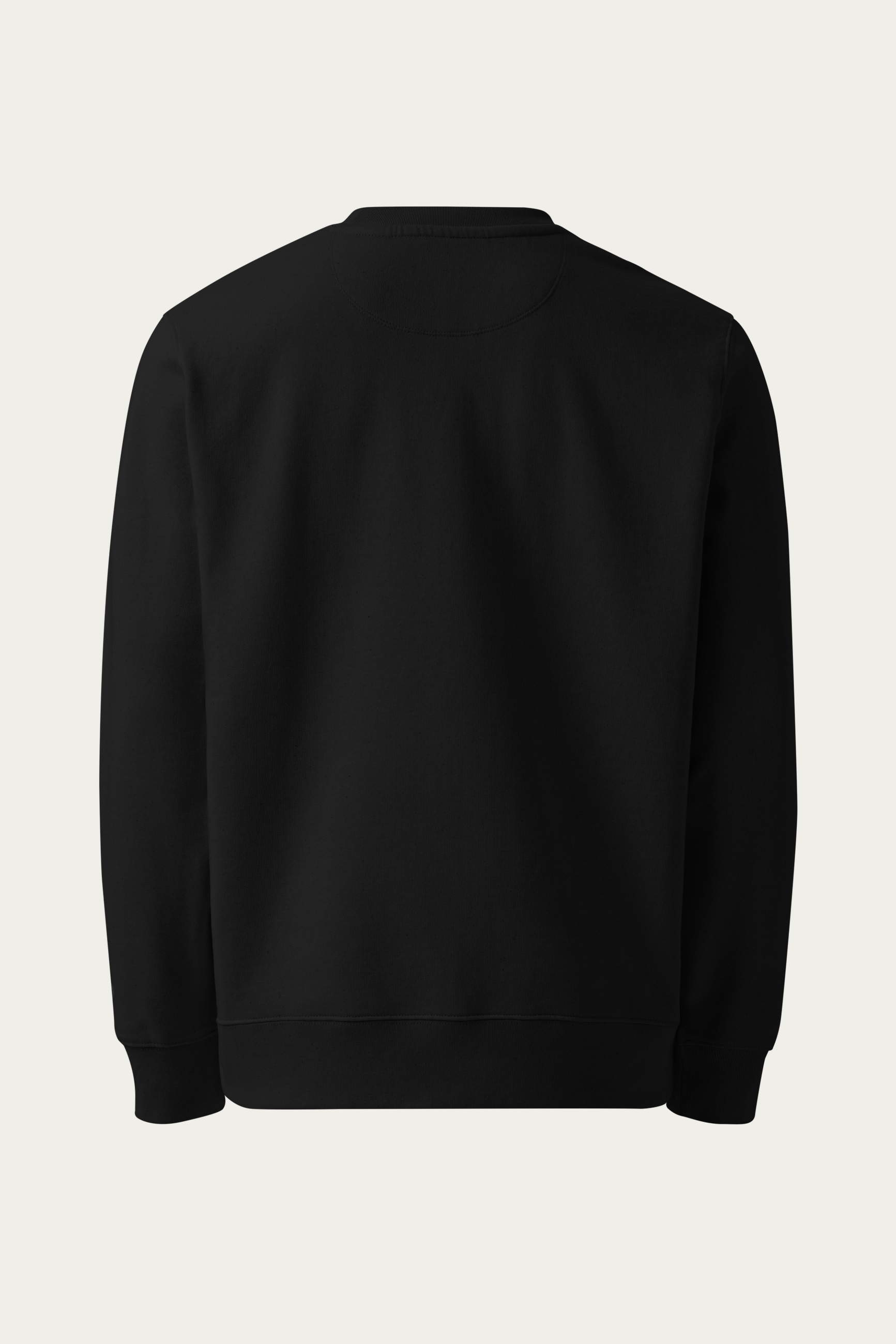 Organic Cotton Sweatshirt, Black by Andre Blunt, from the back, on a Cloud White ground