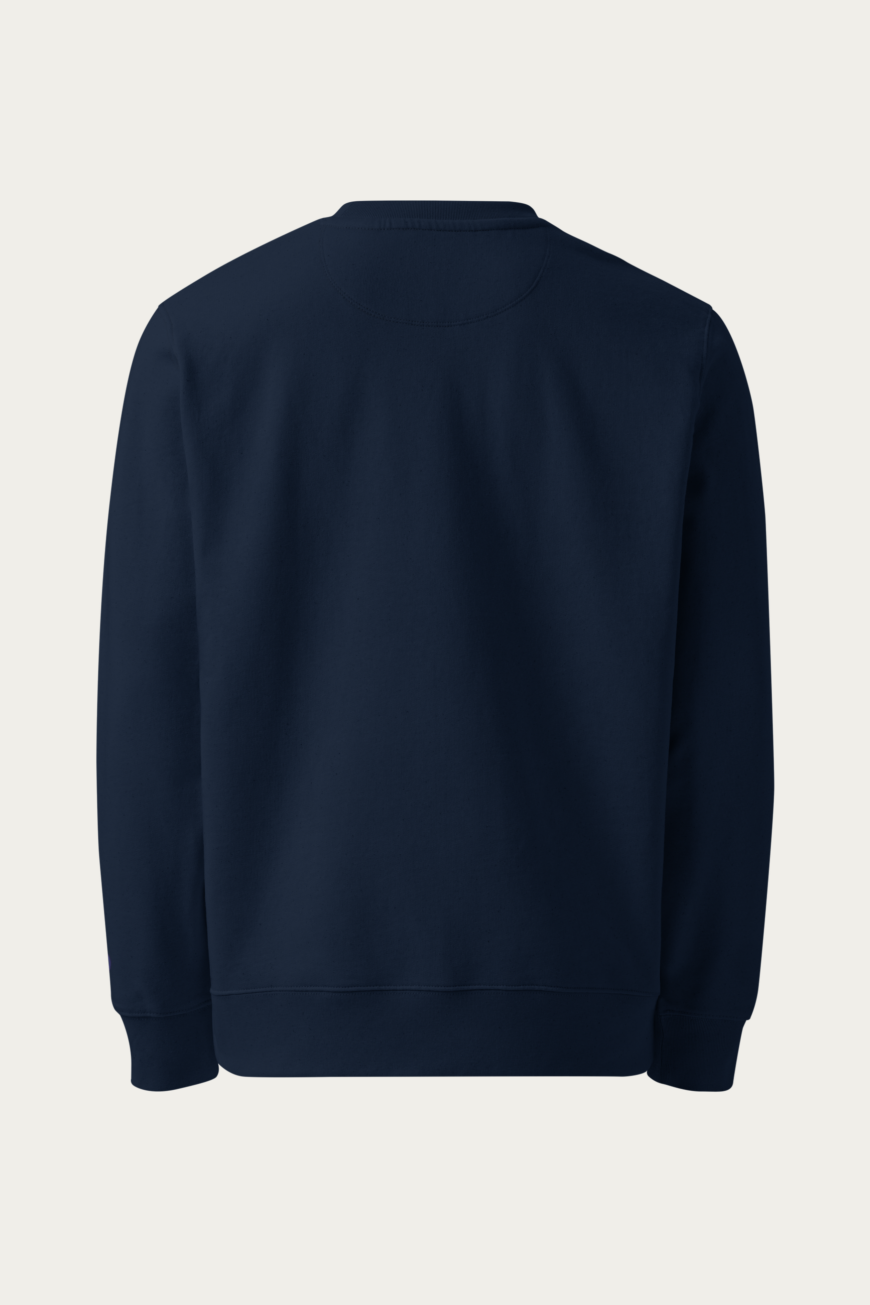 Organic Cotton Sweatshirt, Navy by Andre Blunt, from the back, on a Cloud White ground