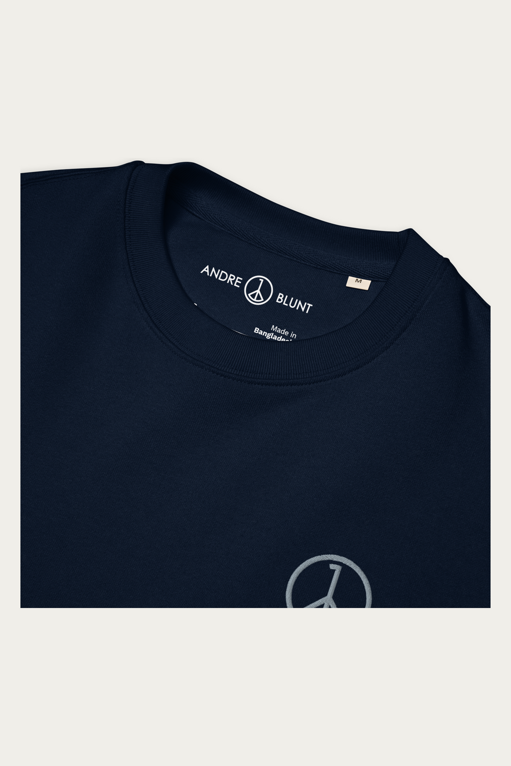 Organic Cotton Sweatshirt, Navy by Andre Blunt, detail, on a Cloud White ground
