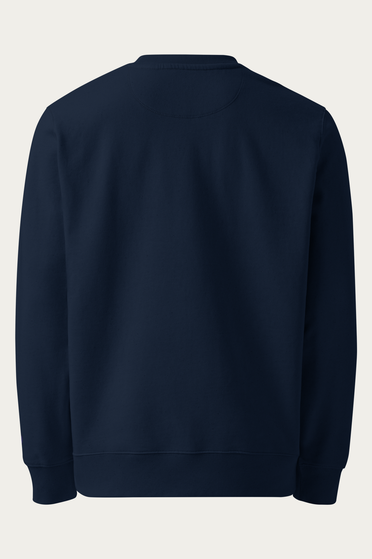 Organic Cotton Sweatshirt, Navy by Andre Blunt, from the back, on a Cloud White ground