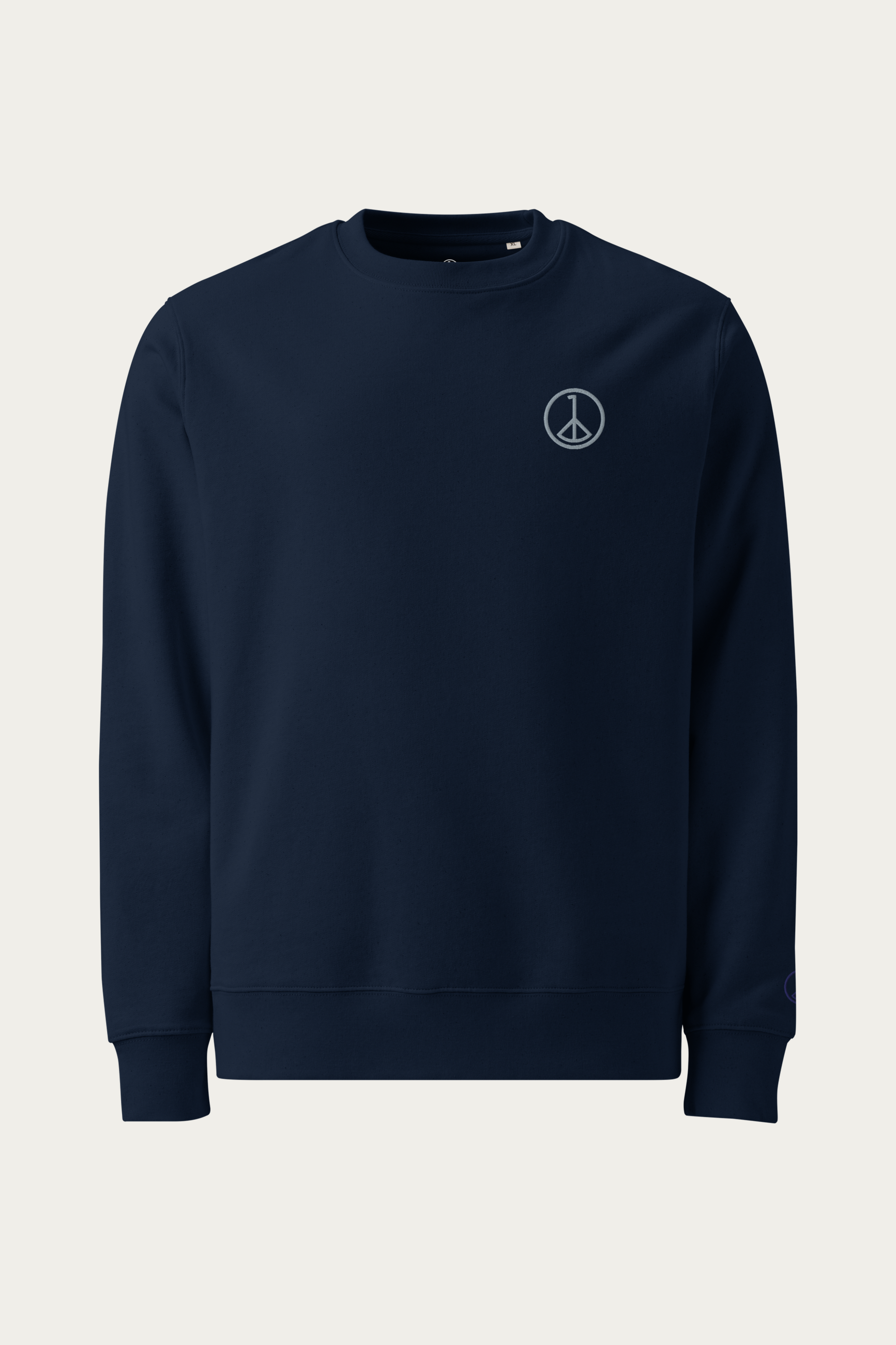 Organic Cotton Sweatshirt, Navy by Andre Blunt, shown on a Cloud White ground