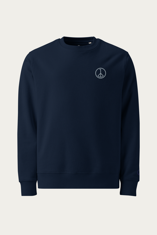 Organic Cotton Sweatshirt, Navy by Andre Blunt, shown on a Cloud White ground