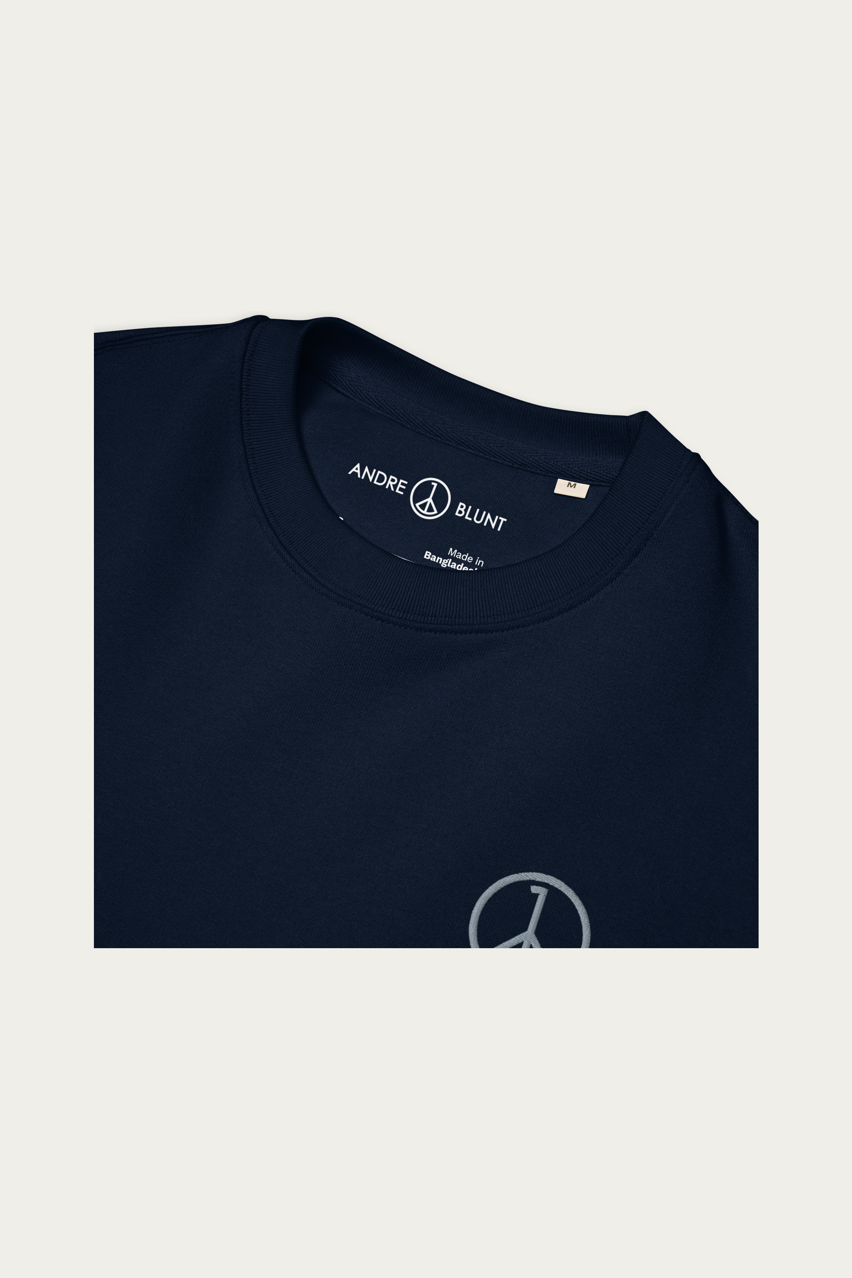 Organic Cotton Sweatshirt, Navy by Andre Blunt, detail, on a Cloud White ground