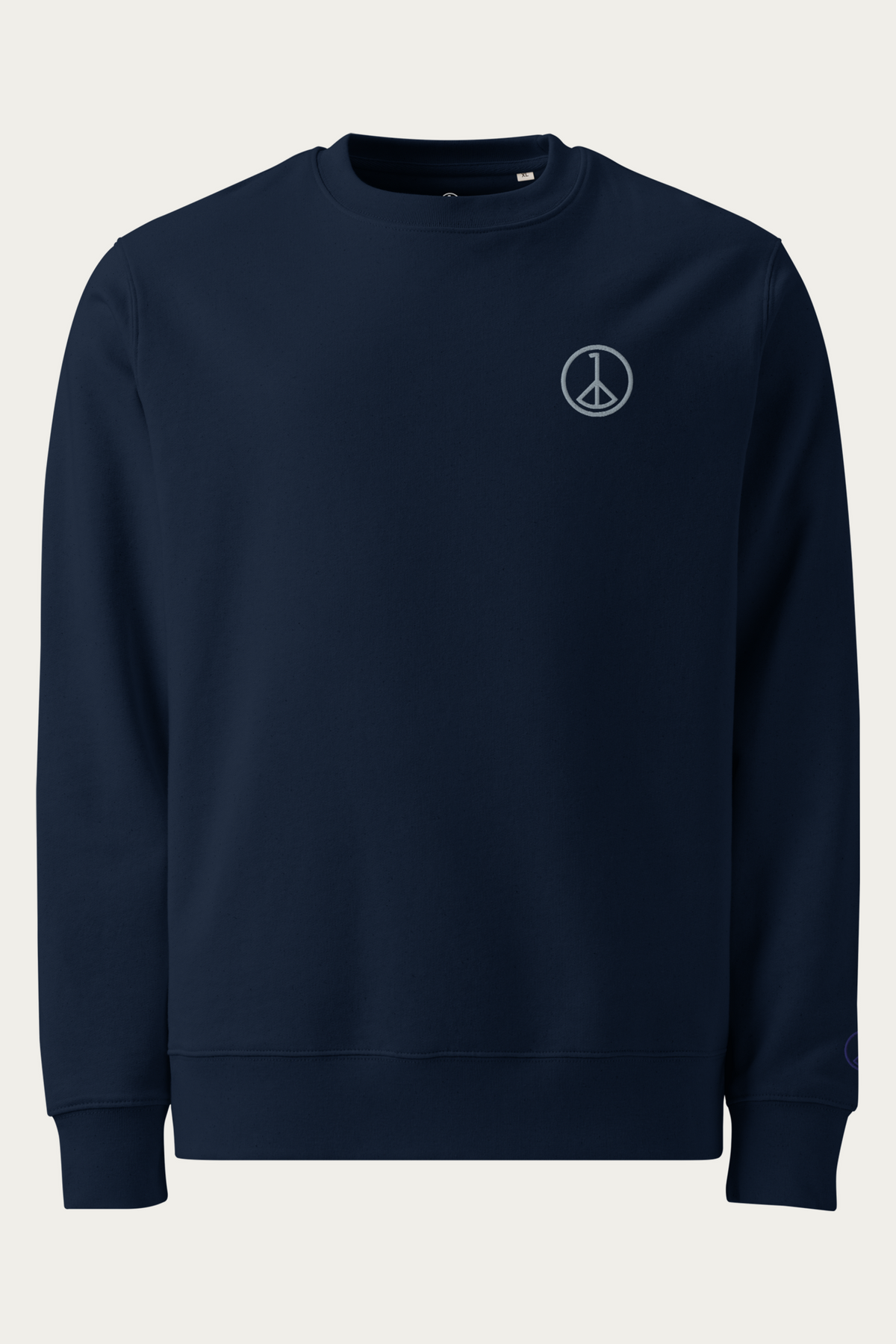 Organic Cotton Sweatshirt, Navy by Andre Blunt, shown on a Cloud White ground