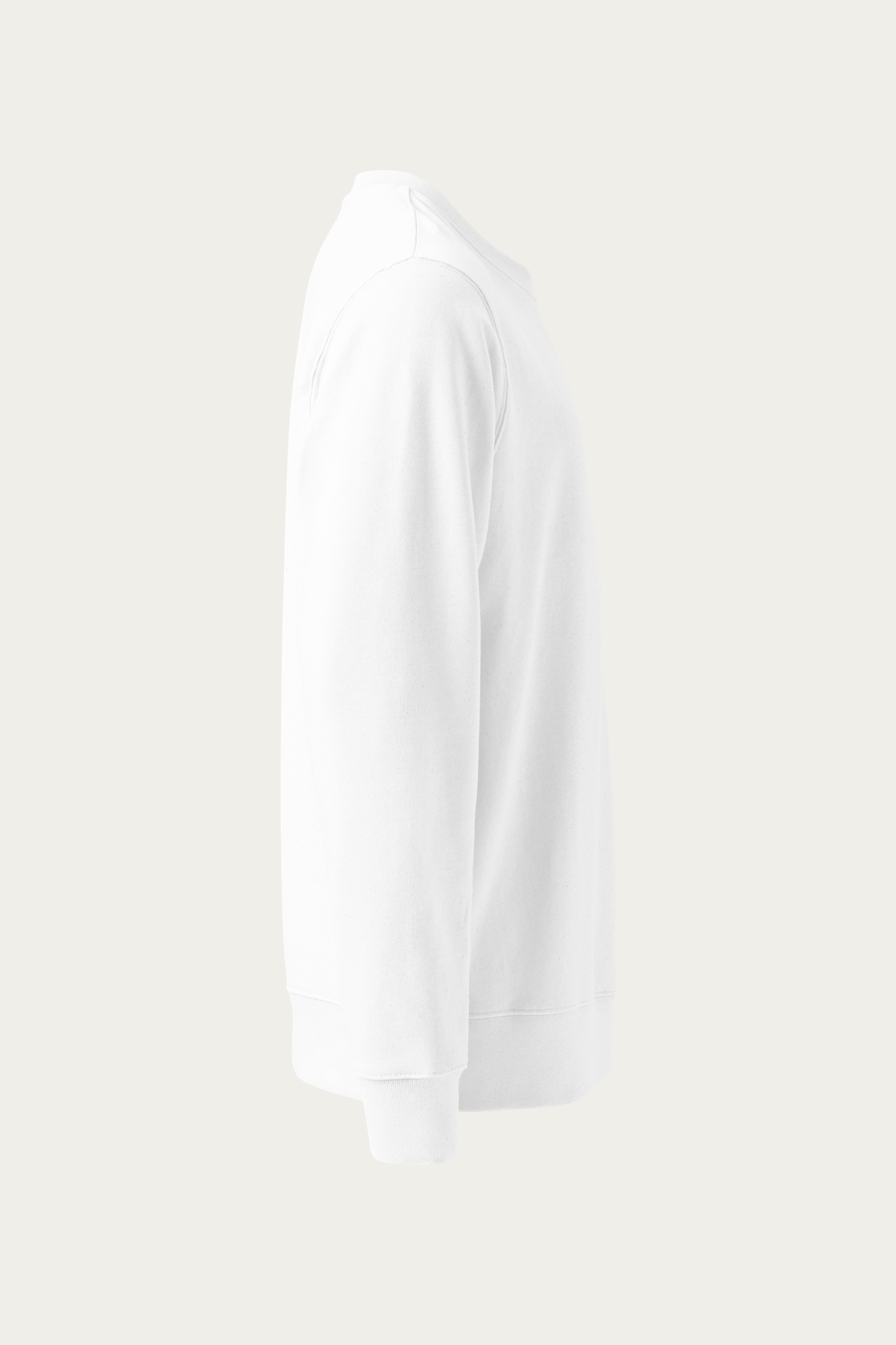 Organic Cotton Sweatshirt, White by Andre Blunt, from the right, on a Cloud White ground