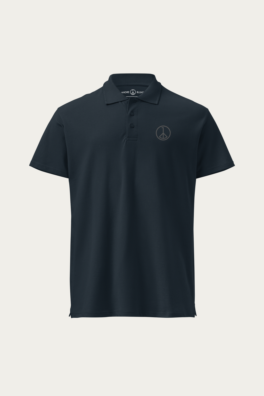 Piqué Polo, Navy by Andre Blunt, front, on a Cloud White ground