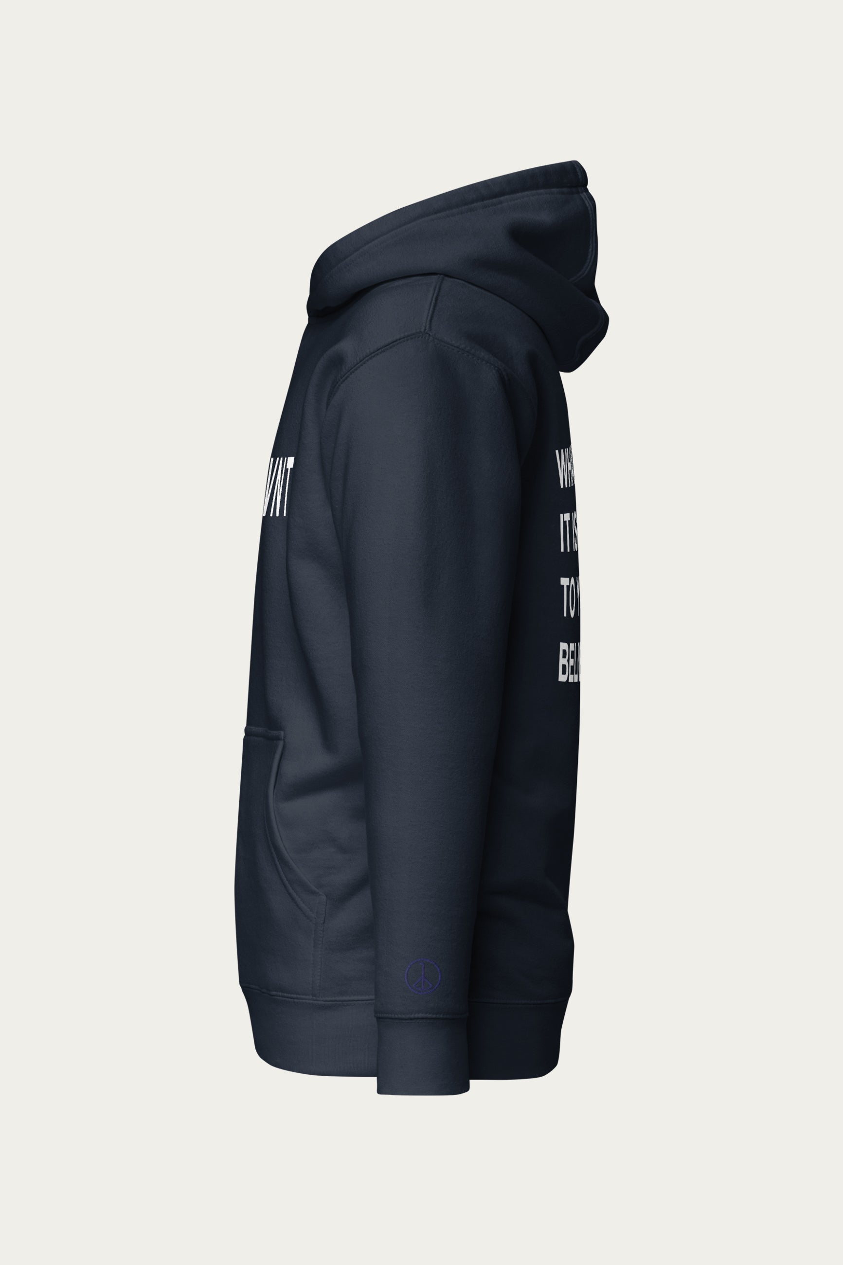 Andre Blunt graphic hoodie in navy, side