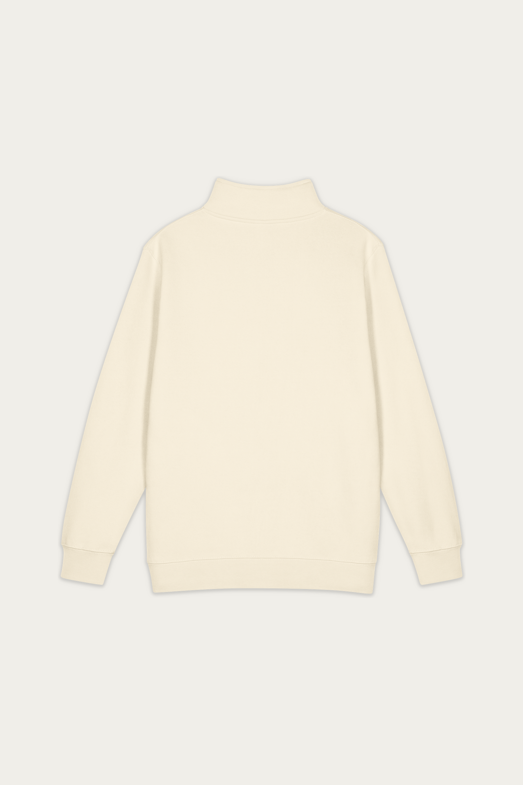 Quarter-Zip Sweatshirt, Sand by Andre Blunt, back, on a Cloud White ground