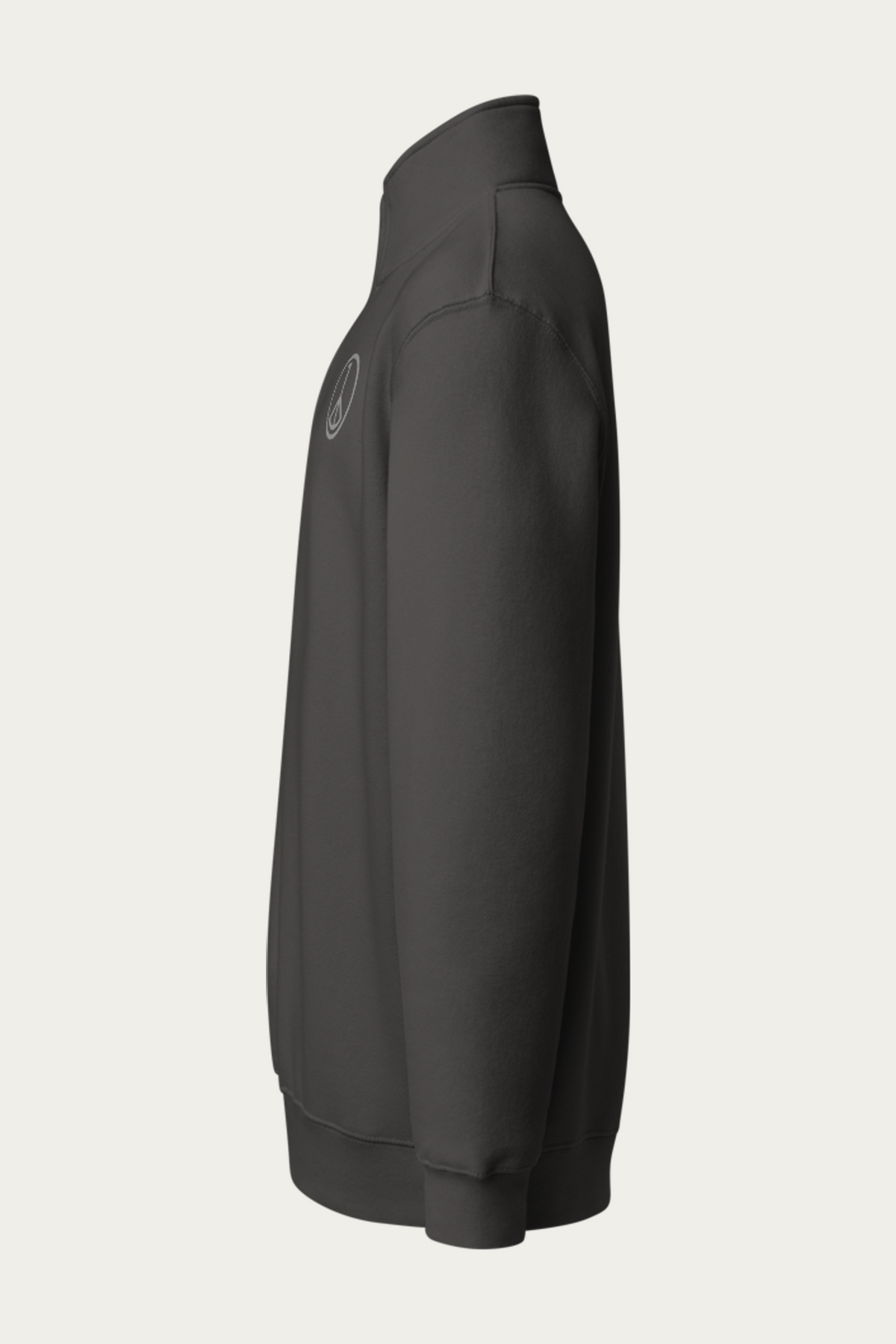 Quarter-Zip Sweatshirt, Smoke by Andre Blunt, left, on a Cloud White ground