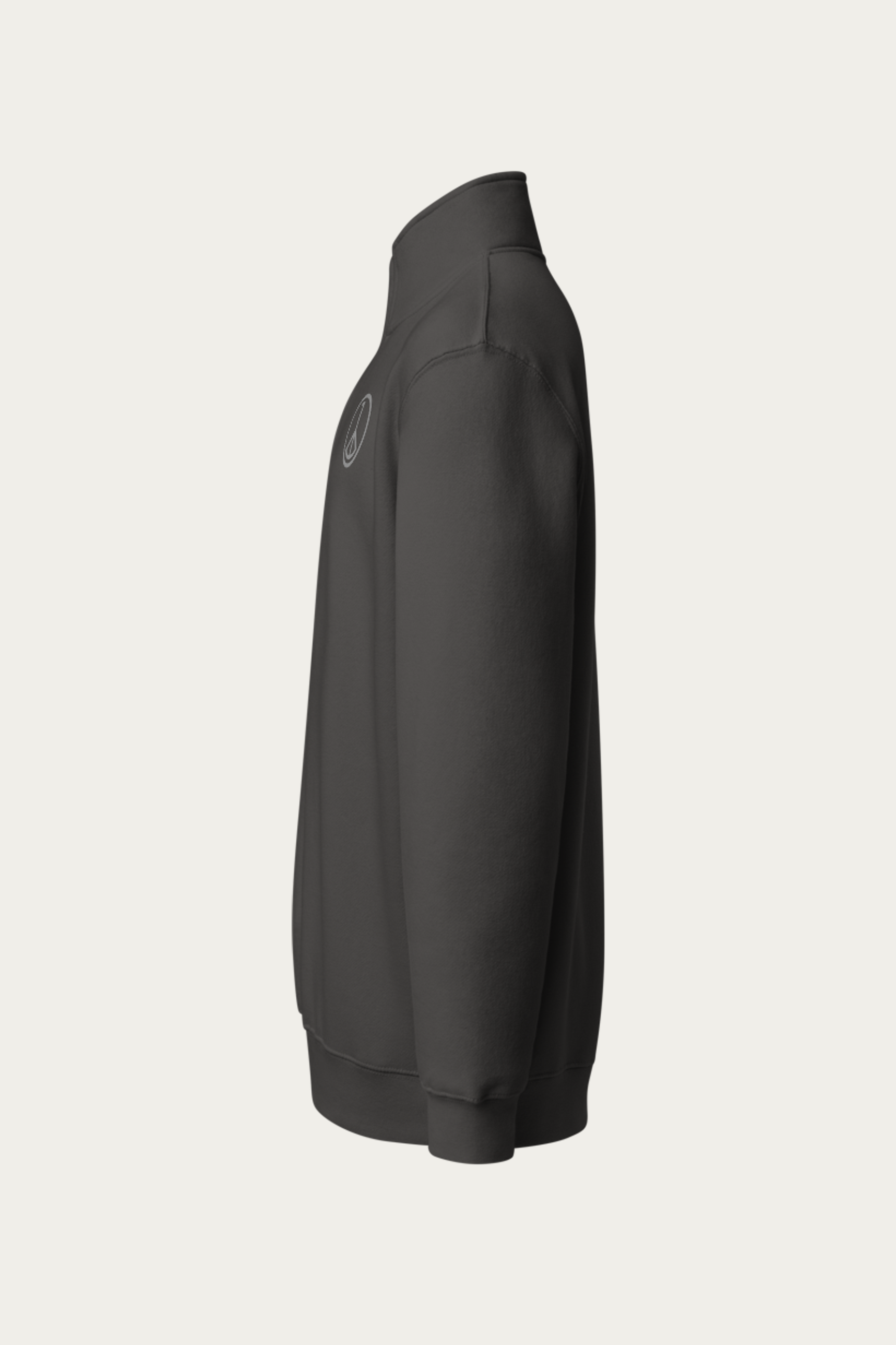 Quarter-Zip Sweatshirt, Smoke by Andre Blunt, left, on a Cloud White ground