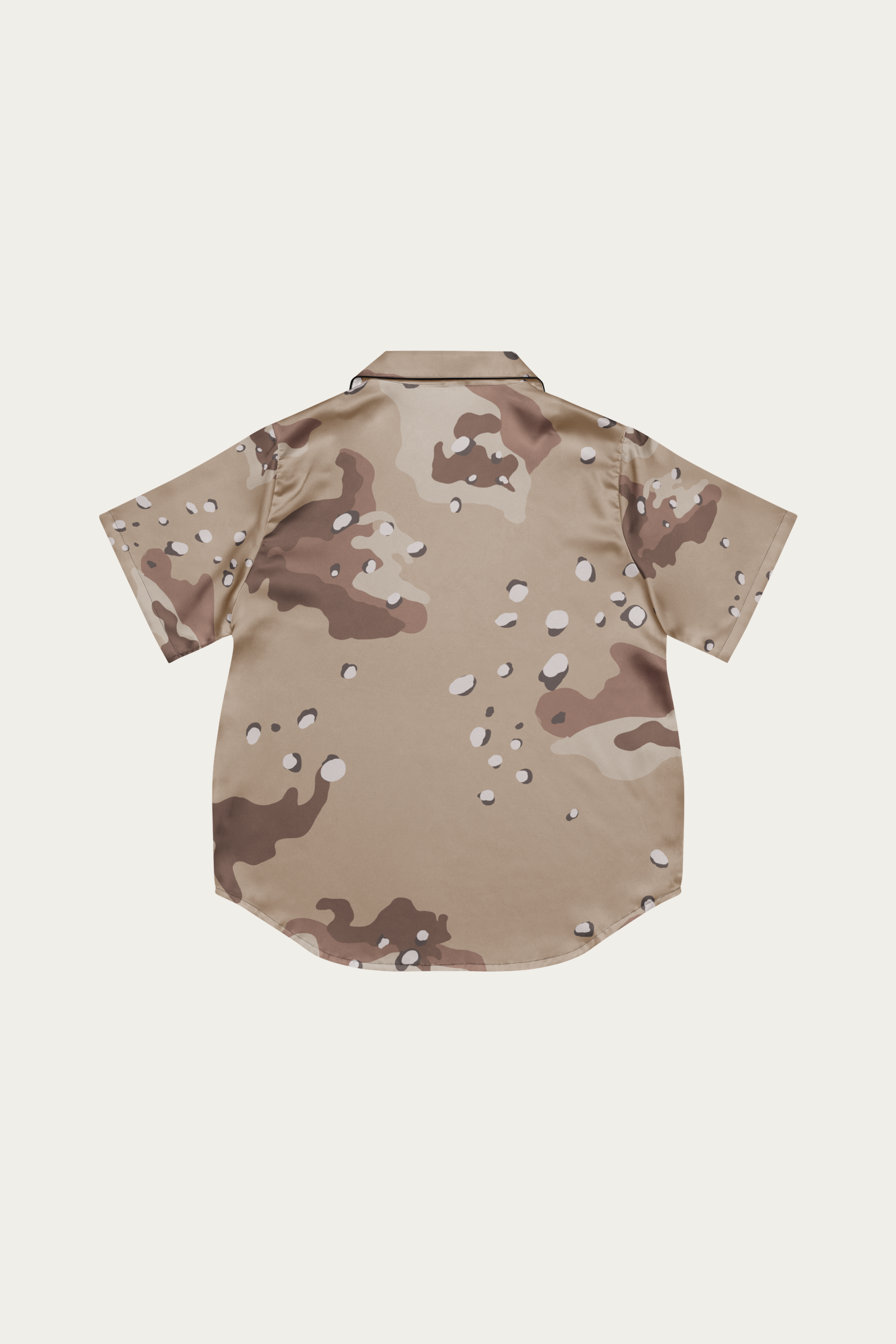 Satin Camp Shirt, Desert Camo by Andre Blunt, from the back, on a Cloud White ground